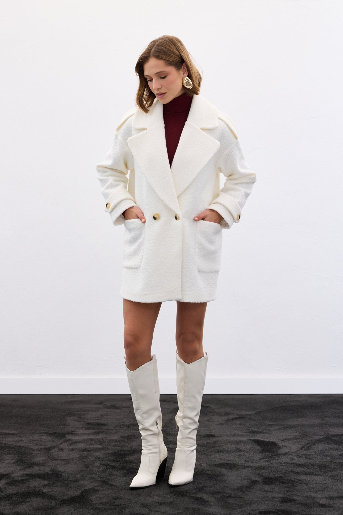 Sateen  Buklet Kısa Kaban - Ekru - Görsel 2