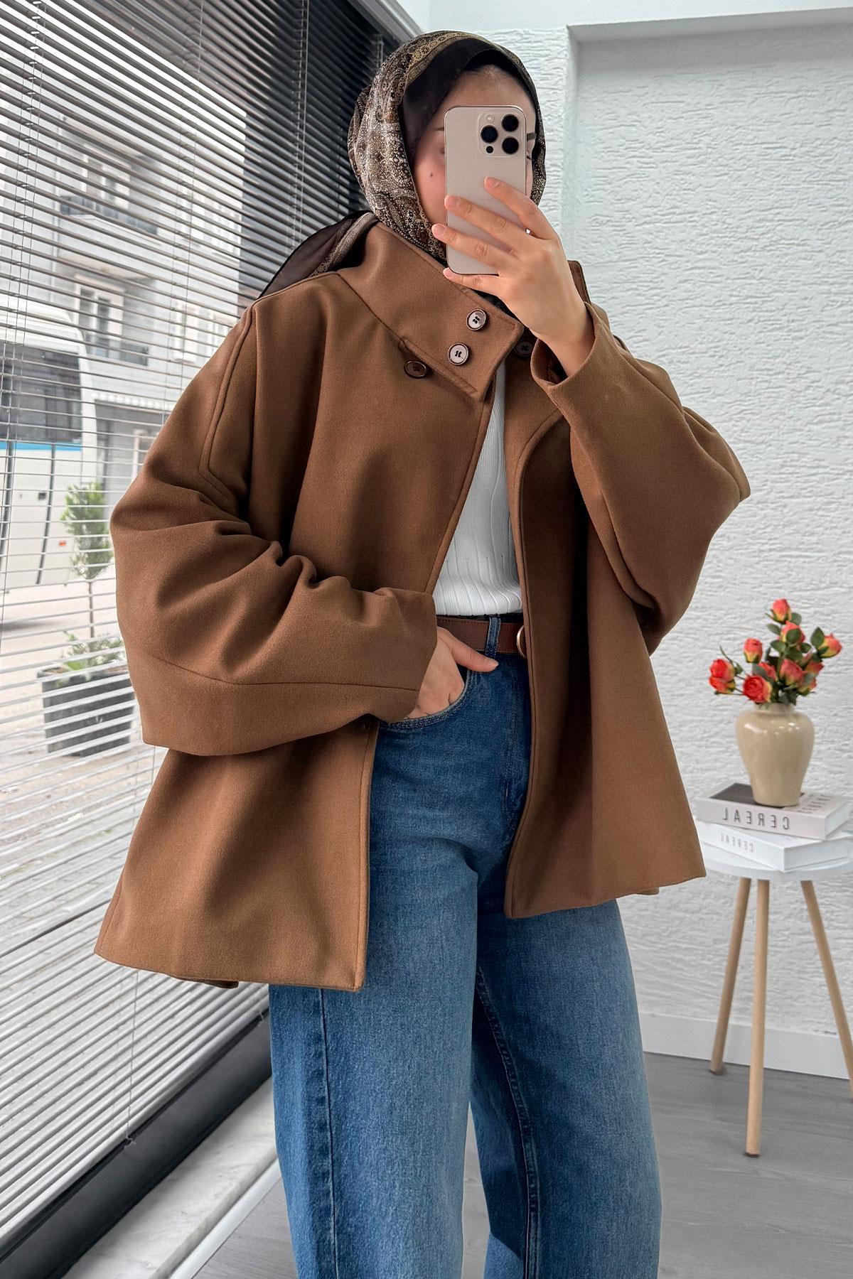 MELEK ARAZ Premium Oversize Kaşe Panço Kaban - Taba görsel 4