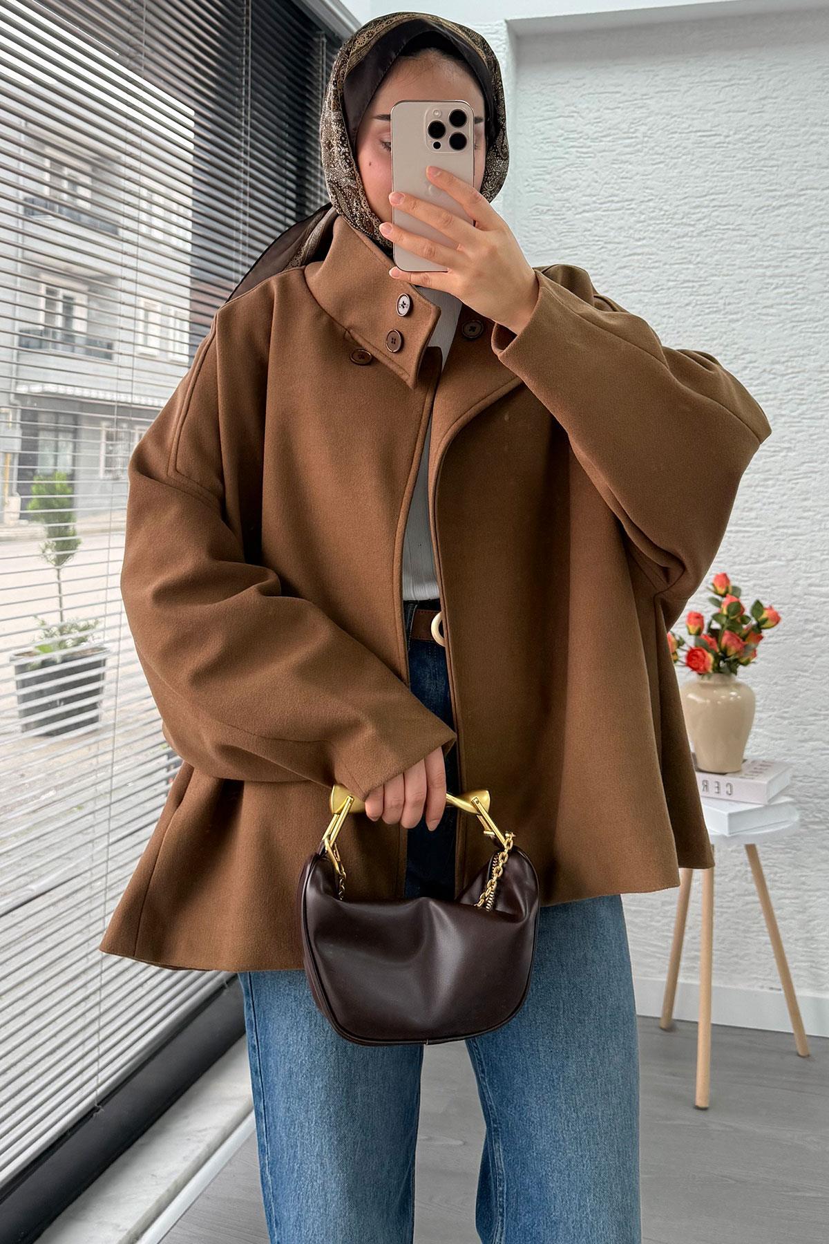 MELEK ARAZ Premium Oversize Kaşe Panço Kaban - Taba görsel 2