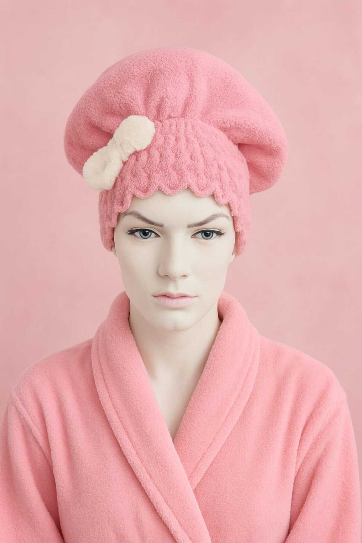 özssa Saç Kurulama Banyo Duş Bonesi - %100 Pamuk , Fiyonklu Pembe