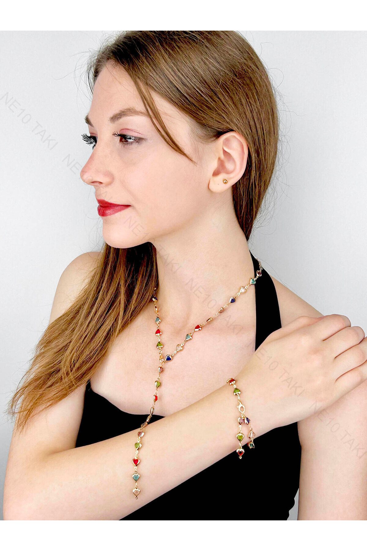 NE10 TAKI Set, Zirkon Taşlı, Kararmayan Çelik, Kolye ve Bileklik, Y Model, Kalp Detaylı, Altın Renk, Model61