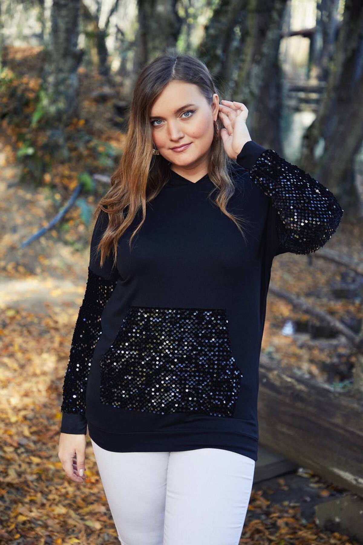 MODA Pul Payet Detaylı Büyük Beden Kadın Tunik Sweatshirt