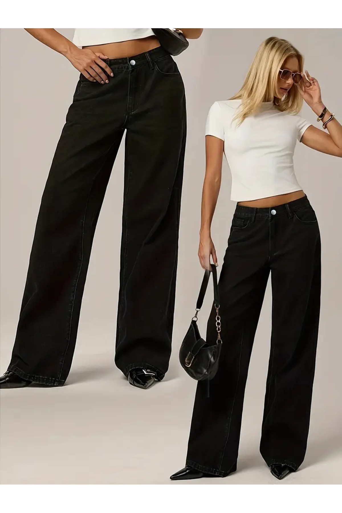 Petronela Women's Jeans 90's Wide Leg Black Super High Waist Loose Jean Palazzo Jeans