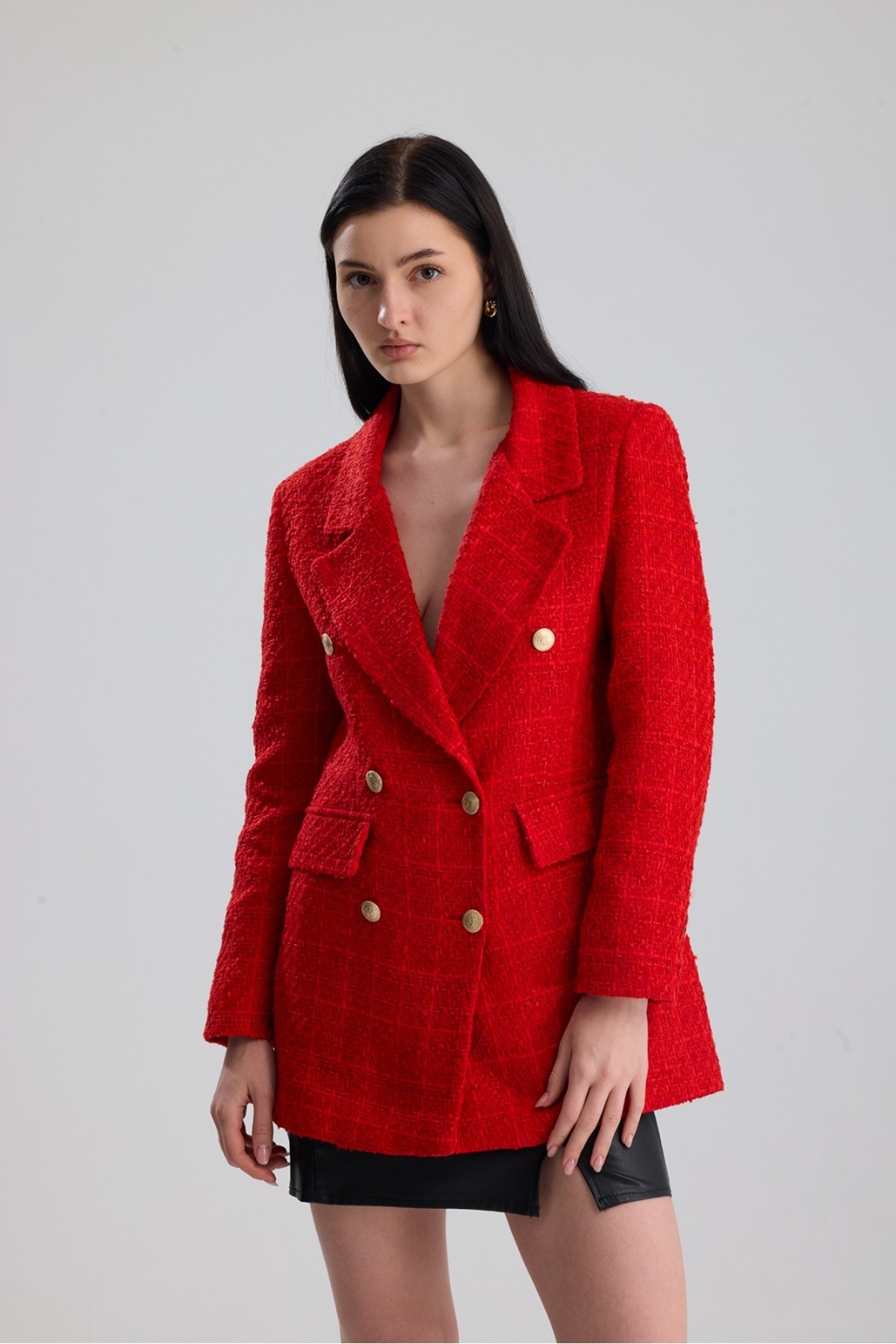 ONE WEAR  Kadın Gold Düğmeli Kruvaze Tüvit ceket - Görsel 9