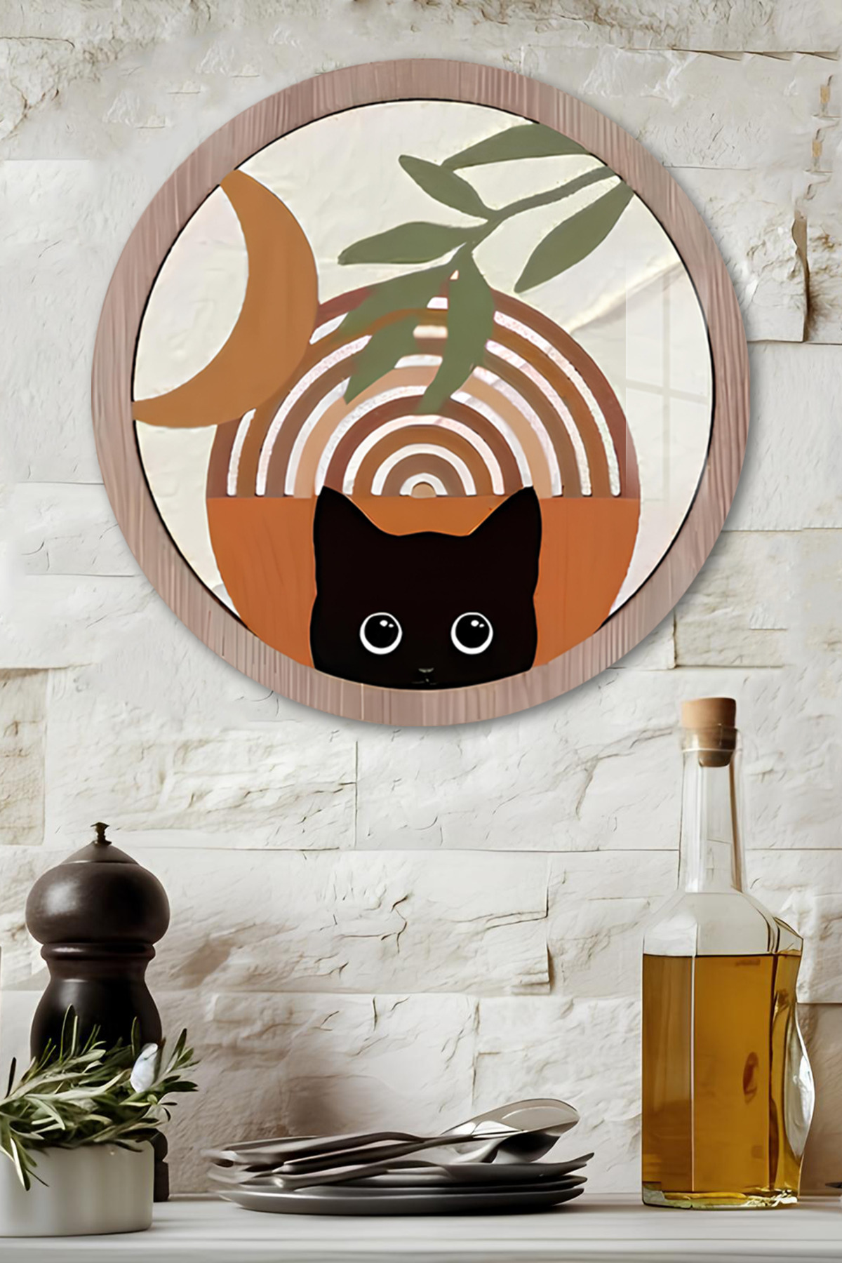 3D Görünümlü Temperli Cam Tablo – Siyah Kedi ve Ay Figürlü Duvar Süsü UV Baskı 33x33 cm-CDS043