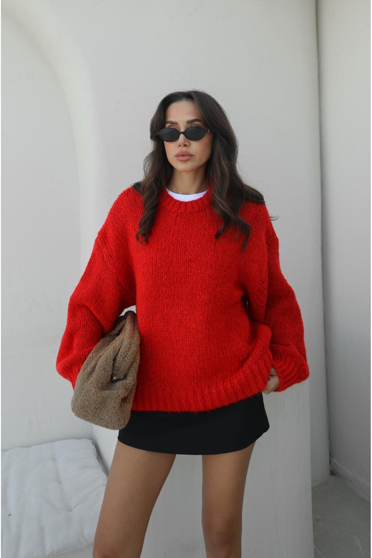 Havoş Червоний товстий в'язаний светр з велосипедним коміром