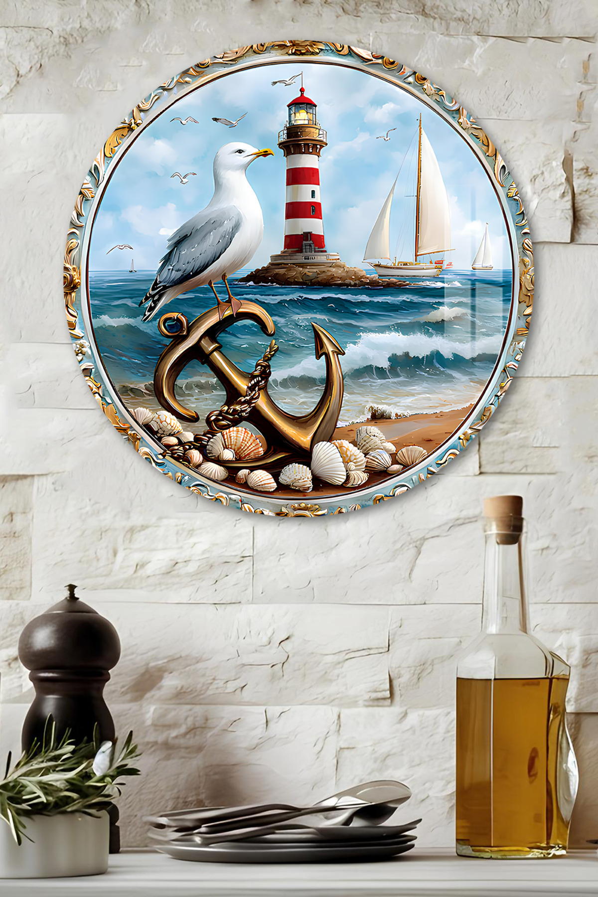 3D Görünümlü Temperli Cam Tablo – Yelkenli ve Martı Temalı Duvar Süsü UV Baskı 33x33 cm-CDS056