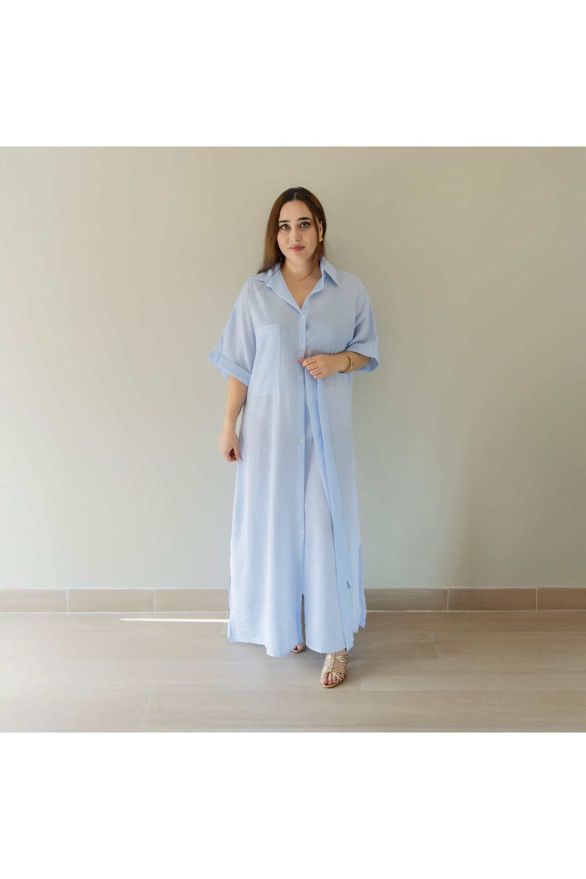 LINELLE Ladies Casual Dress – Polyester Printed Button-Down Maxi