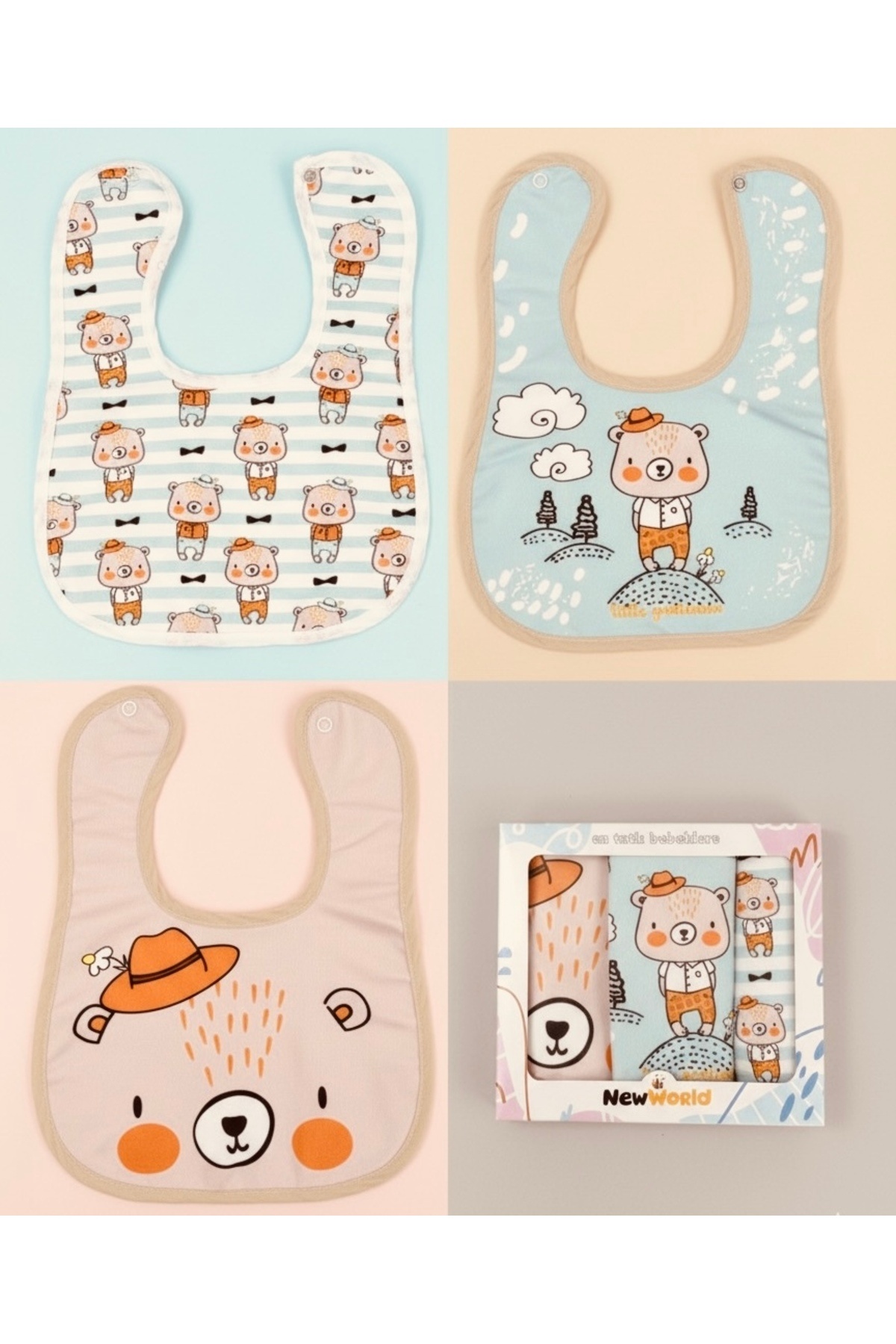 Bebekino 3’lü Bebek Mama Önlüğü Seti Desenli tema seti