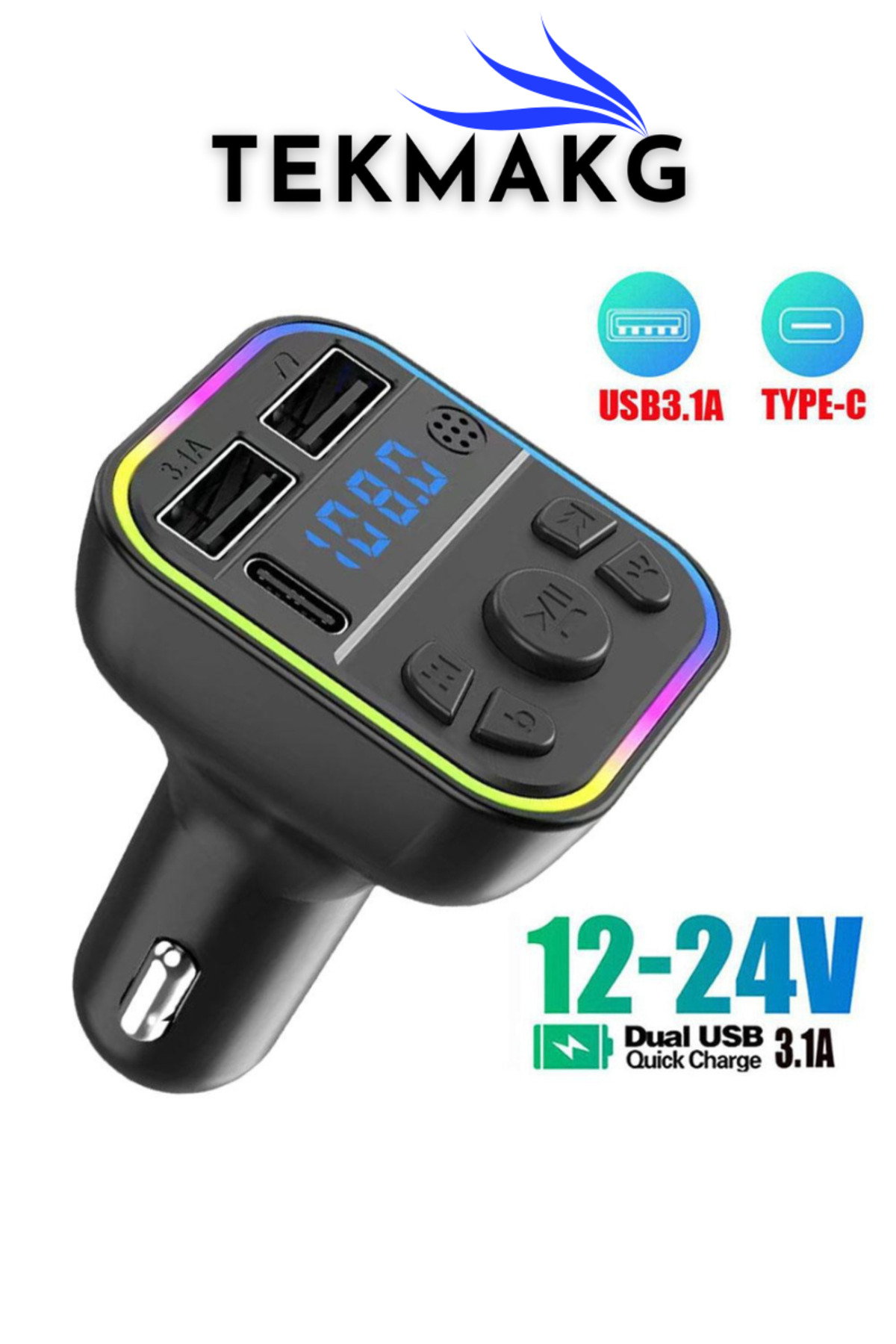 Bluetooth Araç Kiti FM Transmitter G39 Rainbow LED USB Type-C Hızlı Şarj MP3 Oynatıcı