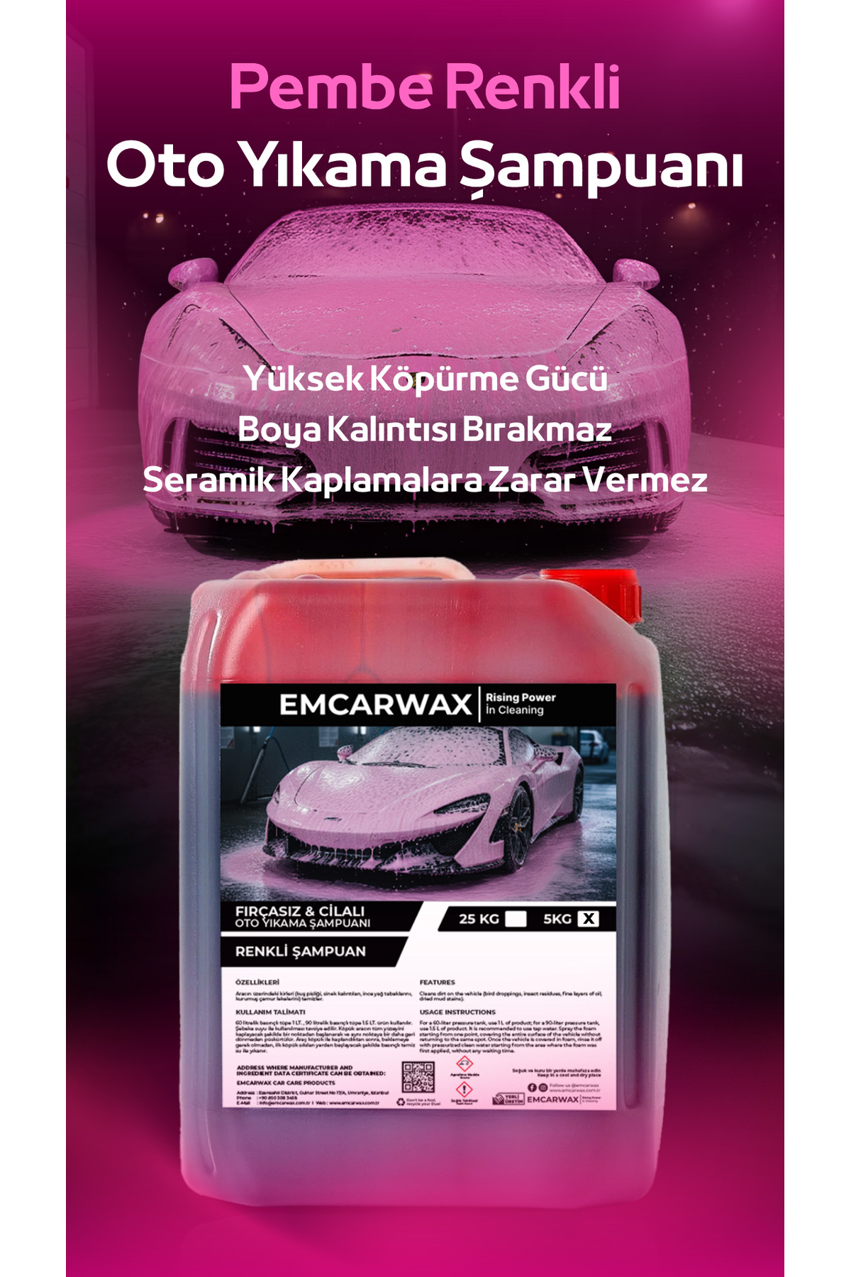 Pembe Renkli Cilalı Oto Yıkama Şampuanı 5 LT