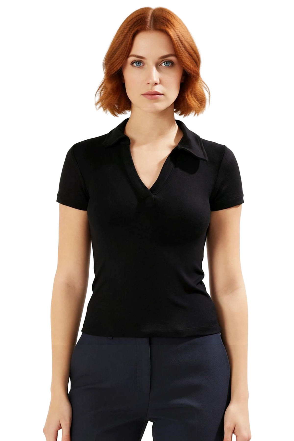 Kısa Kollu Fitted Polo Yaka Viskoz Örme Bluz Uzun Ömürlü Rahat Kullanım Dayanıklı Malzeme