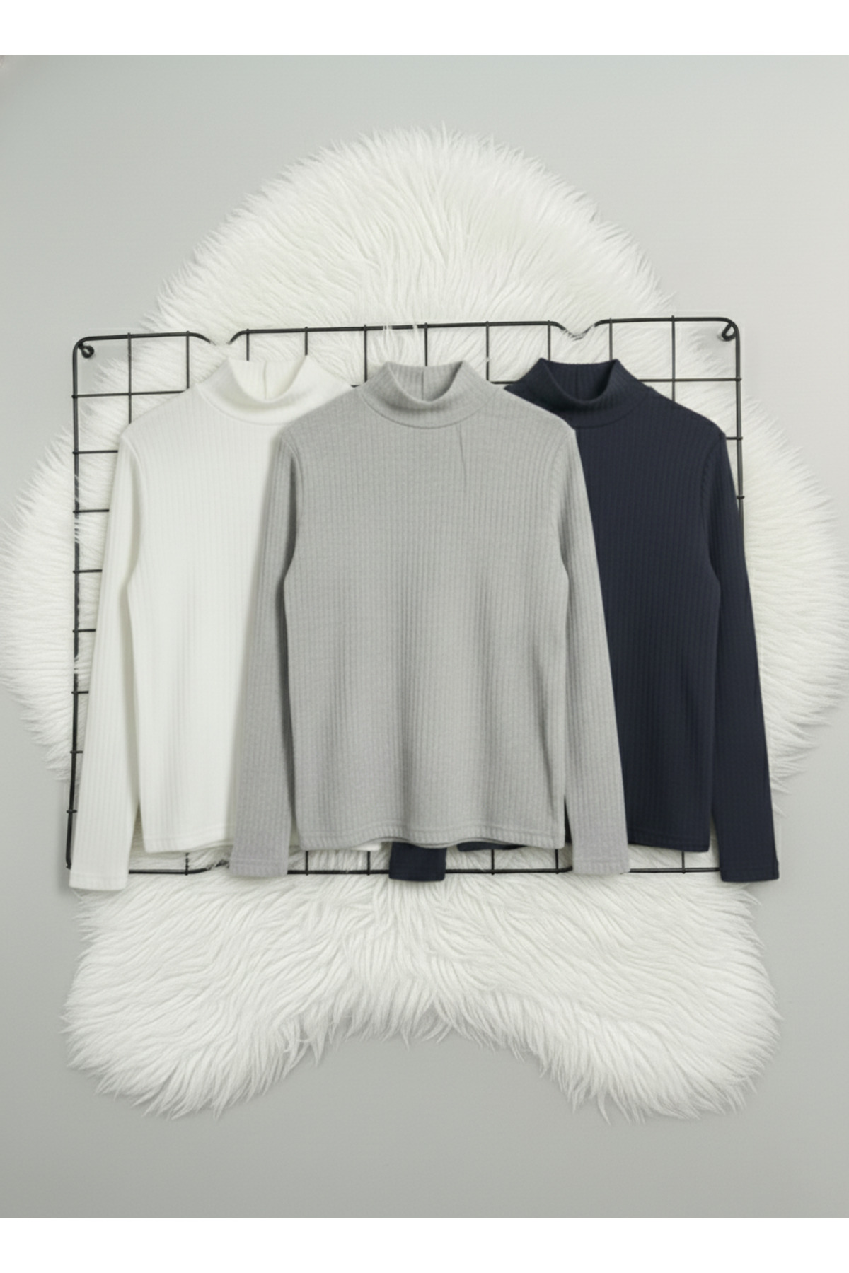 Girls & Boys 3-Pack White Gray Navy Blue Ribbed Half Turtleneck Long Sleeve Bodysuit Underwear