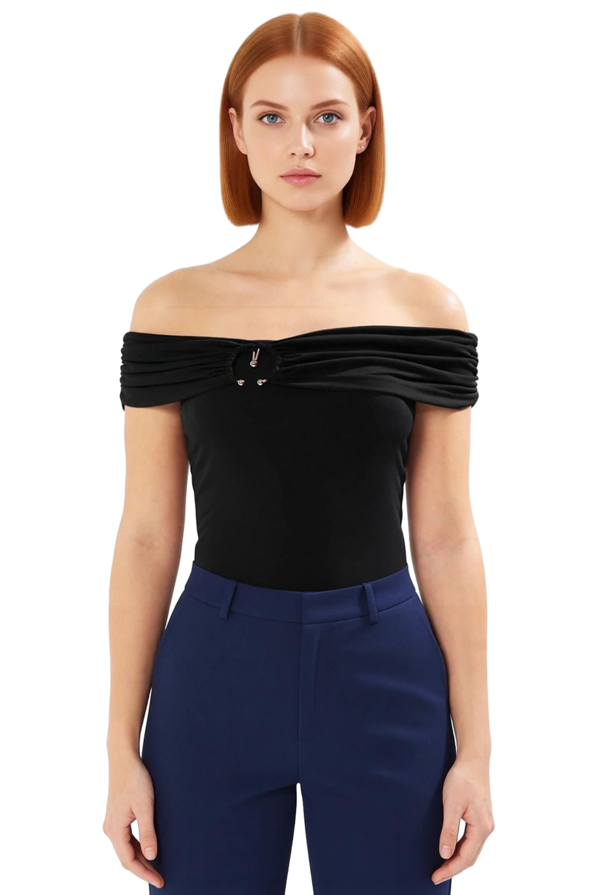 Kadın Kısa Kollu Fitted Örme Bluz Carmen Yaka Günlük Stil Premium Kalite Modern