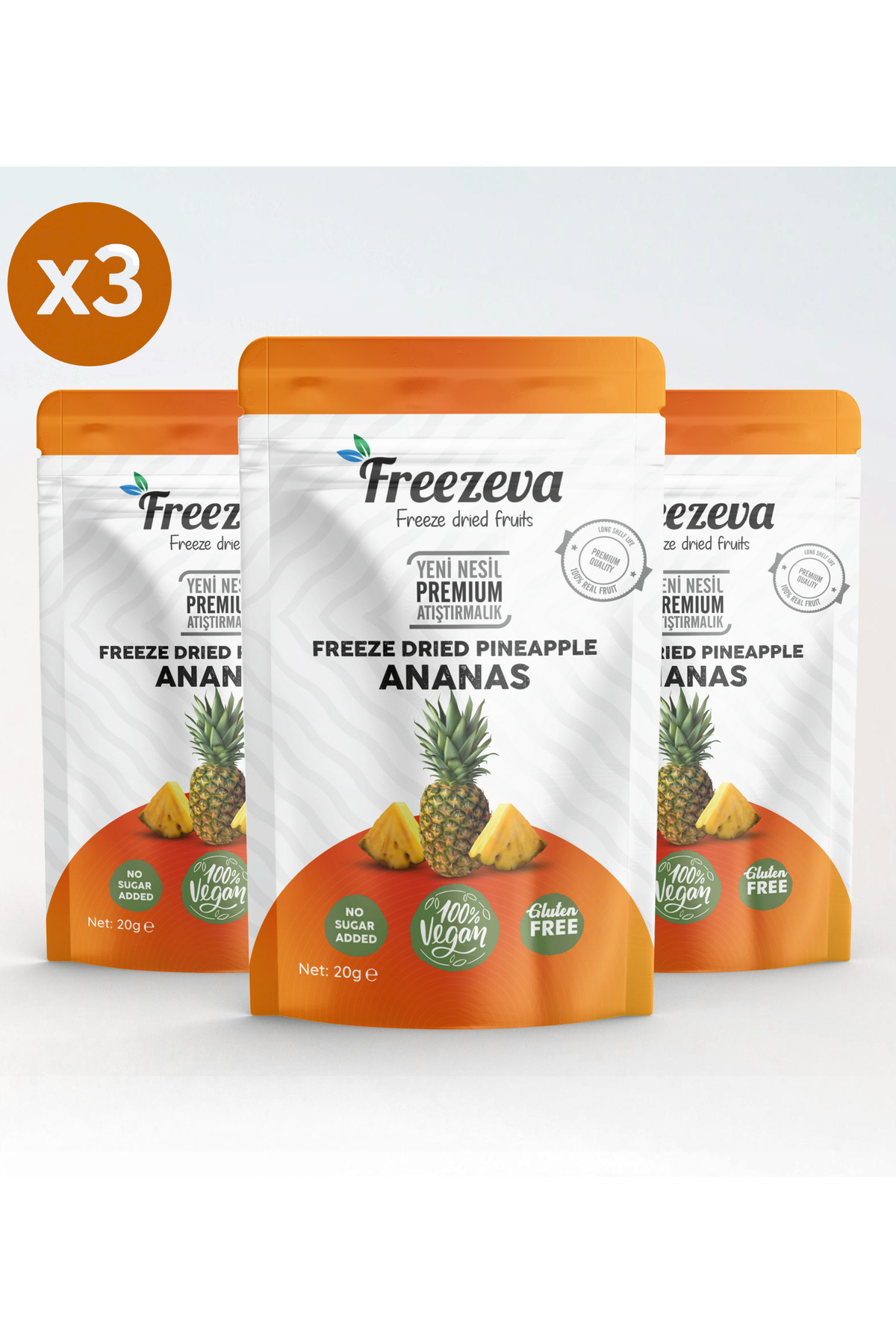 Freezeva 3'lü Paket Dondurularak Kurutulmuş Ananas (Freeze Dried Ananas) Freeze Dry Ananas Kurusu 3x20 gr