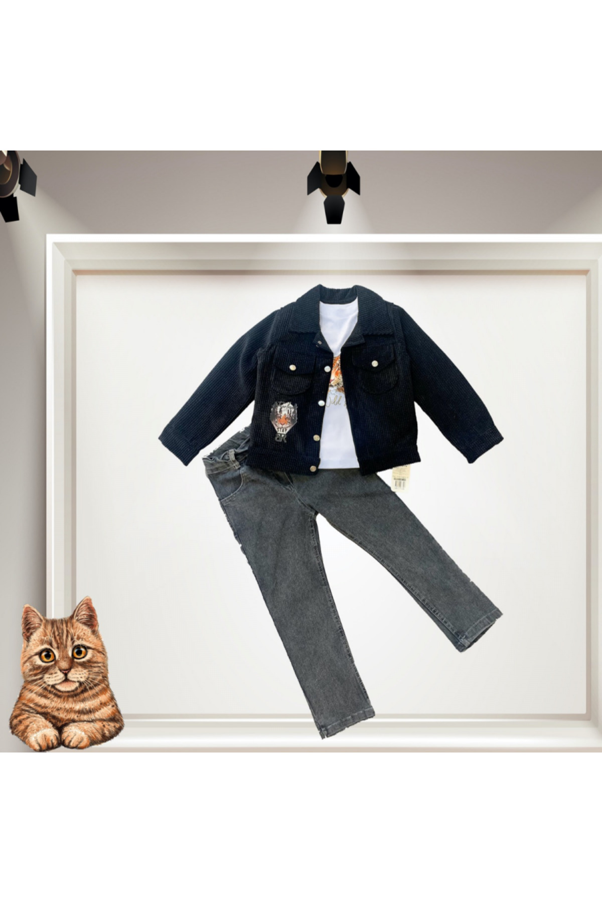 MDKConceptShop 3-4-5 Yaş Fitilli Kadife Ceket Kot Pantolonlu 3lü Kız Erkek Çocuk Takımı