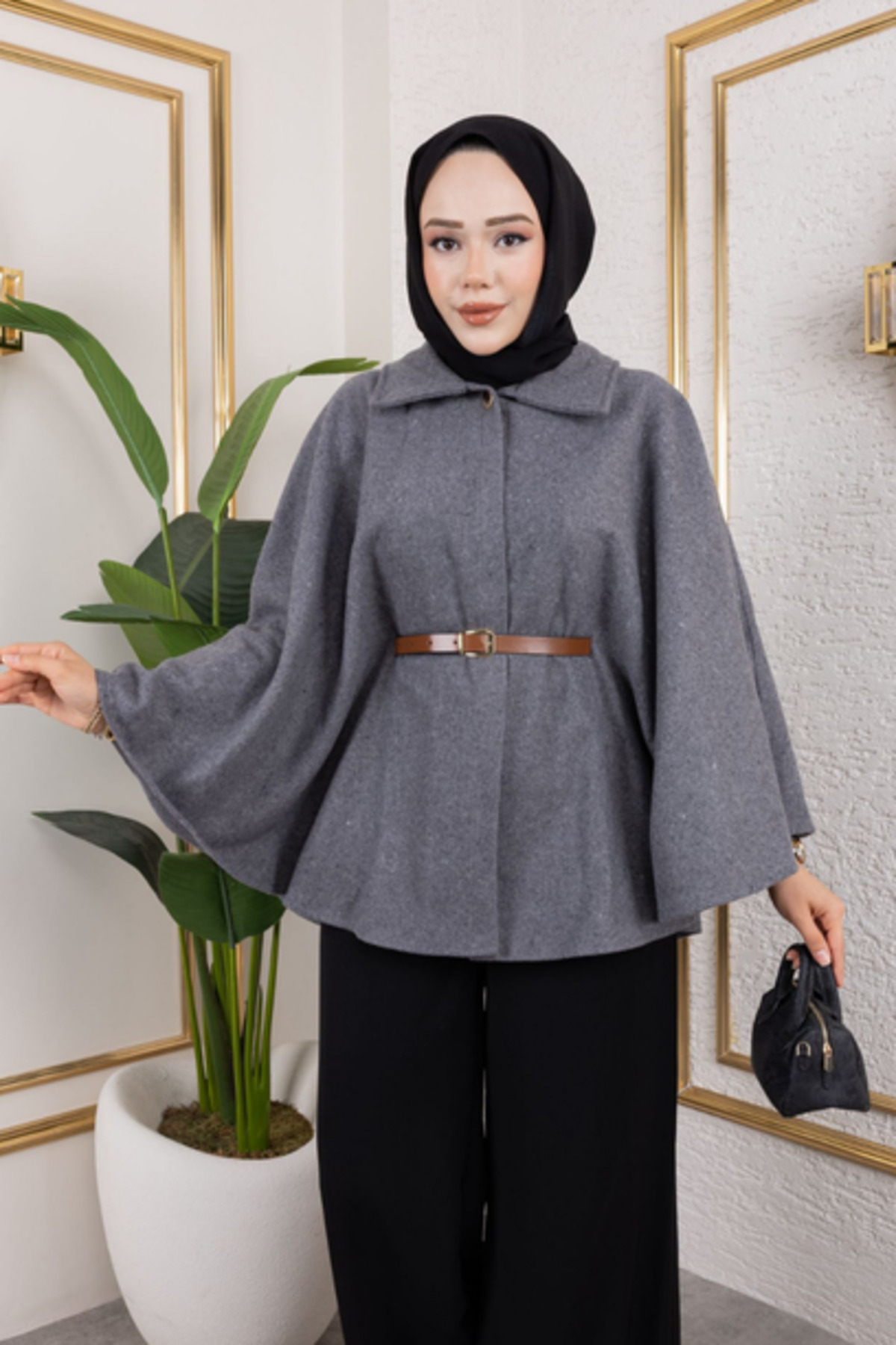 ZEROGAPRİSE Tek Düğmeli Oversize Kemerli Kaşe Panço