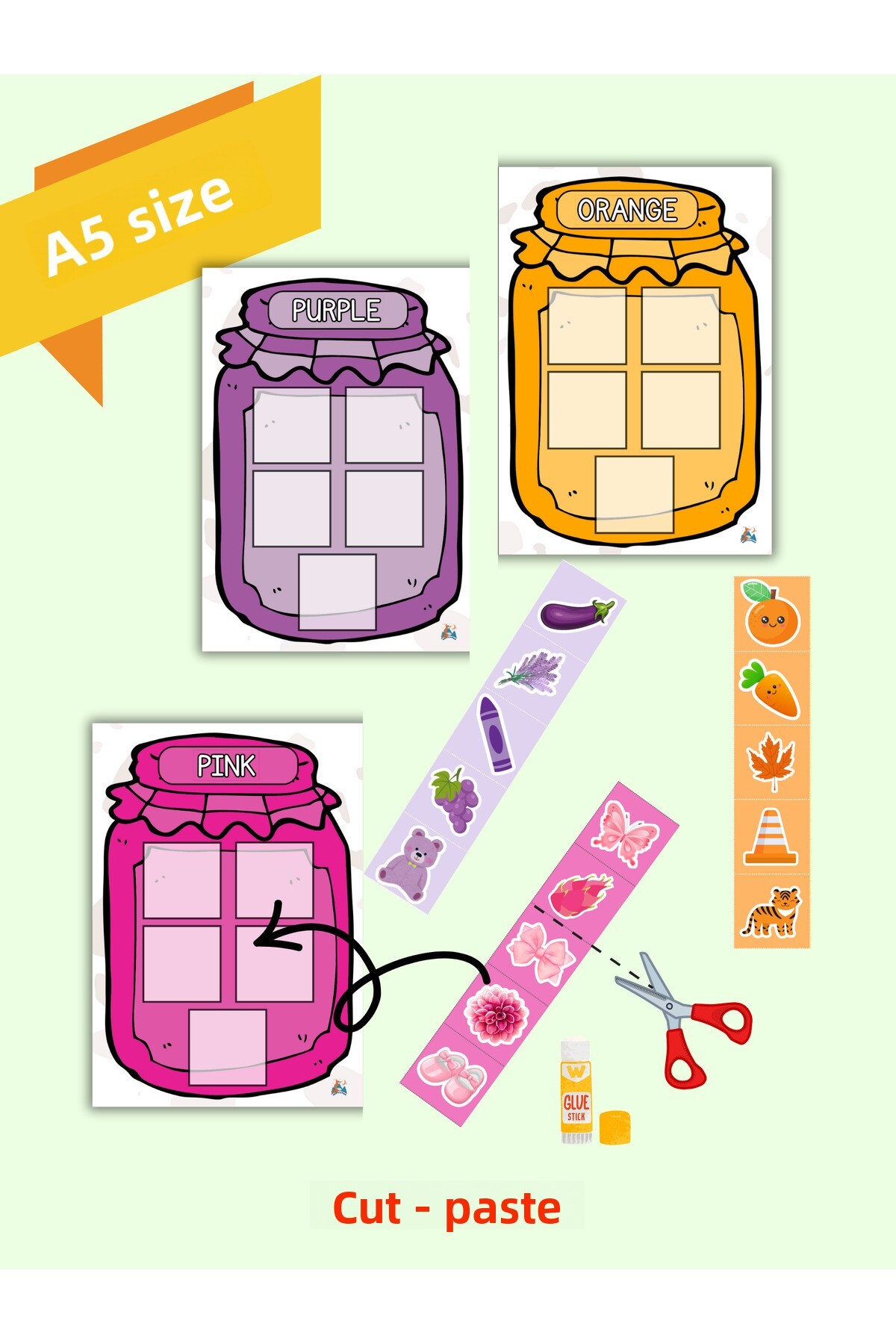 مجموعه فعالیت برش و چسباندن پیشدبستانی، ۱۵ حرفه + ۱۱ رنگ، اندازه A5، توسعهدهنده مهارتهای حرکتی ظریف