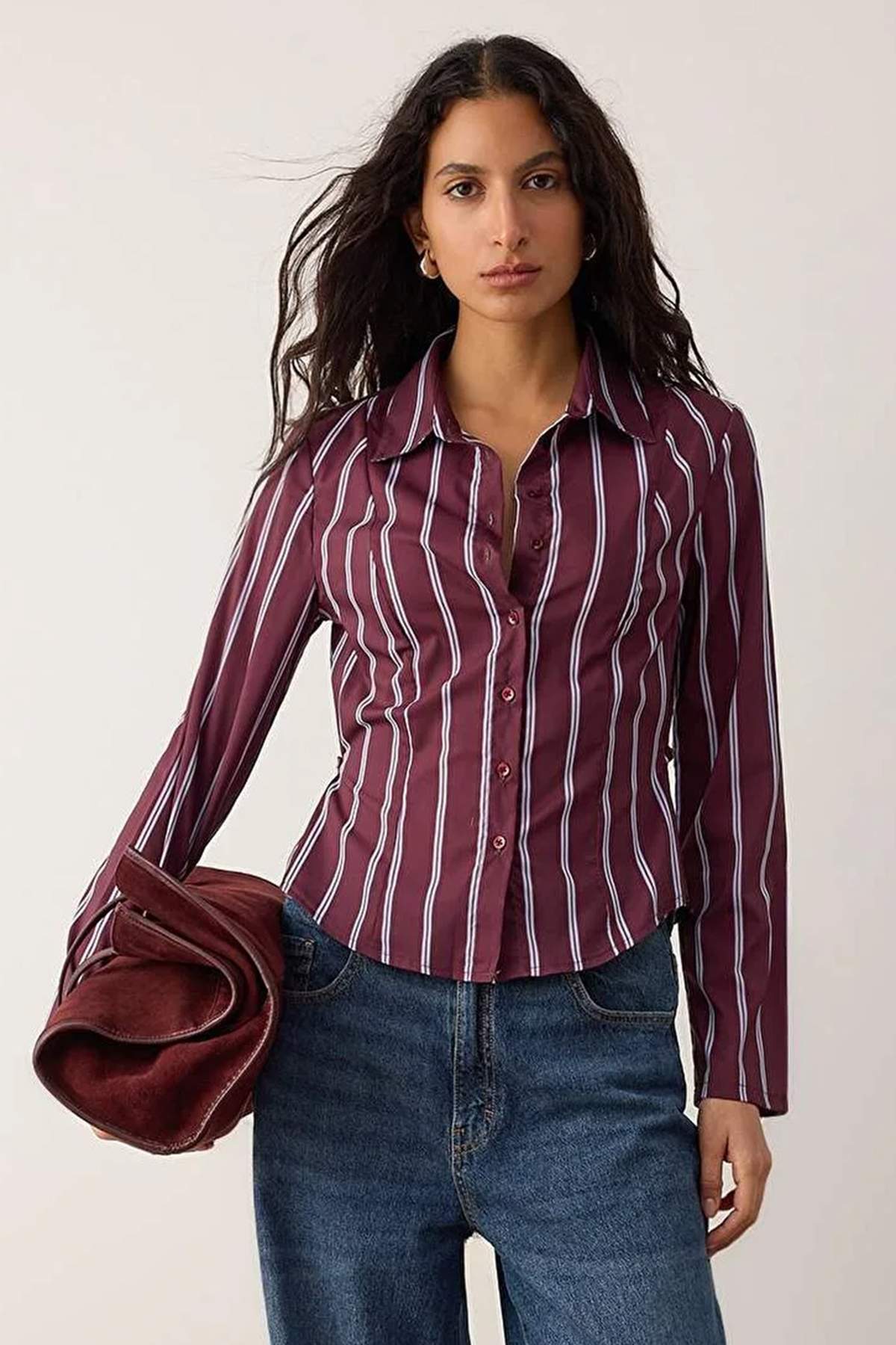 Trendyolmilla  Bordo-Çok Renkli Çizgili Belden Ayarlanabilir Hafif Bele Oturan Kolları Geniş Gömlek TWOAW26GO00013