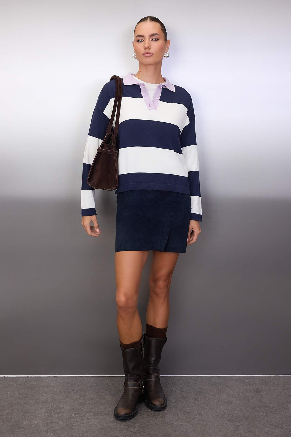 Trendyolmilla  Wardrobe Essentials Lila Premium İplik/Özel İplikli Geniş Kalıp Çizgili Triko Kazak TWOAW26KZ00195 - Görsel 2