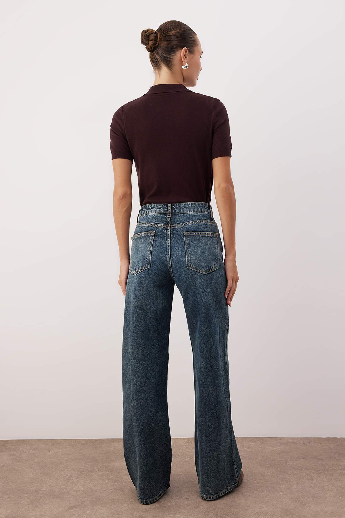 Trendyolmilla  Koyu Mavi Yüksek Bel Wide Leg Palazzo Jeans TWOAW26JE00251 - Görsel 4