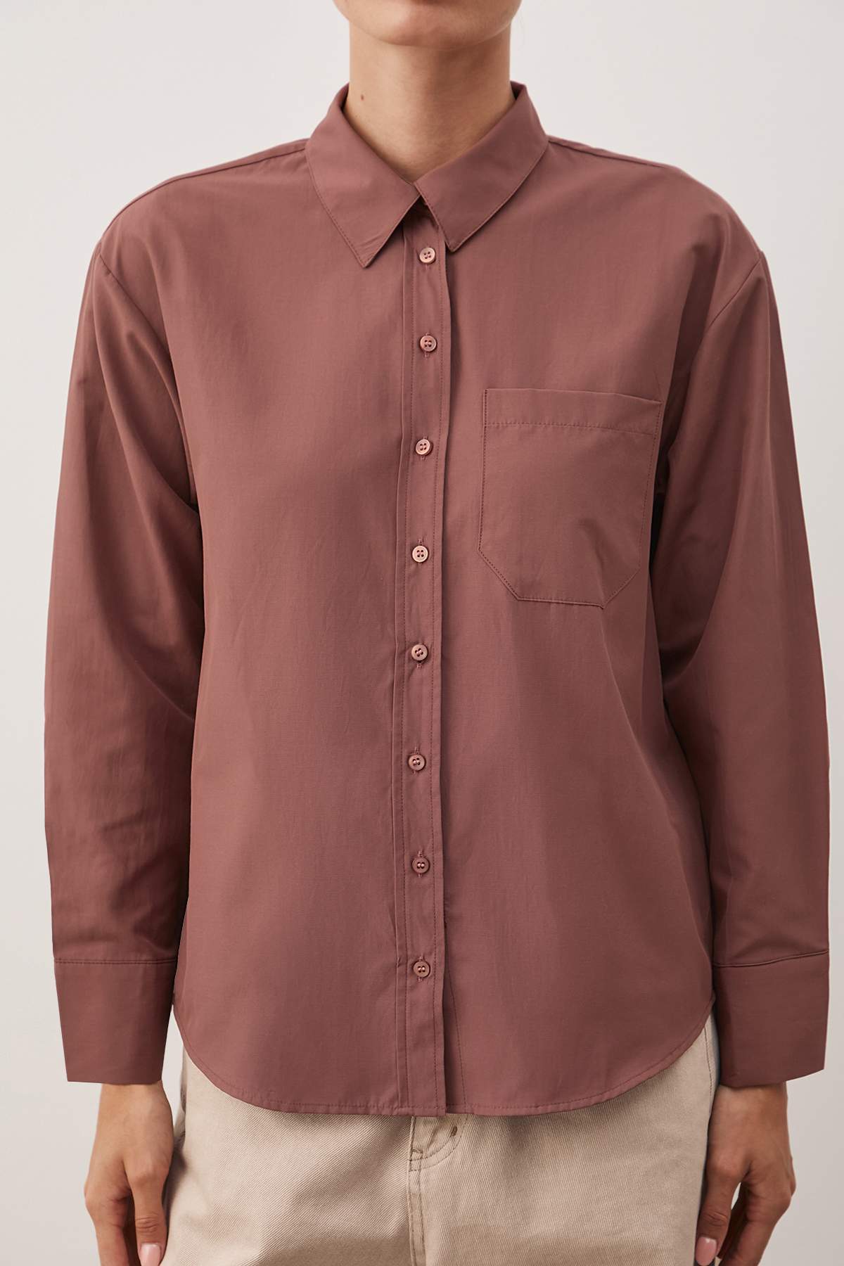 Trendyolmilla  Kahverengi Tek Cepli Boyfriend/Geniş Kalıp Pamuklu Dokuma Gömlek TWOAW20GO0115 - Görsel 2