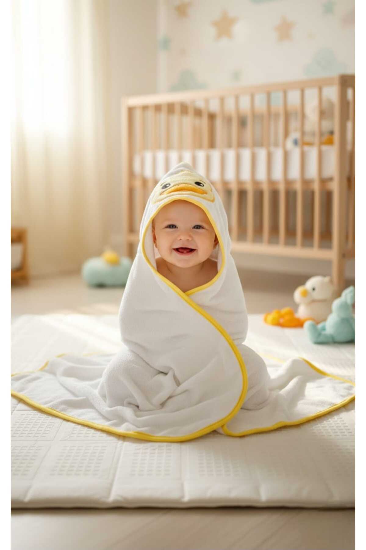 Alpar Tekstil %100 Pamuklu Yumuşacık Kız-erkek Yenidoğan/bebek Banyo Kundak Havlusu Beyaz/ördek fotoğrafı 2 (önizleme)