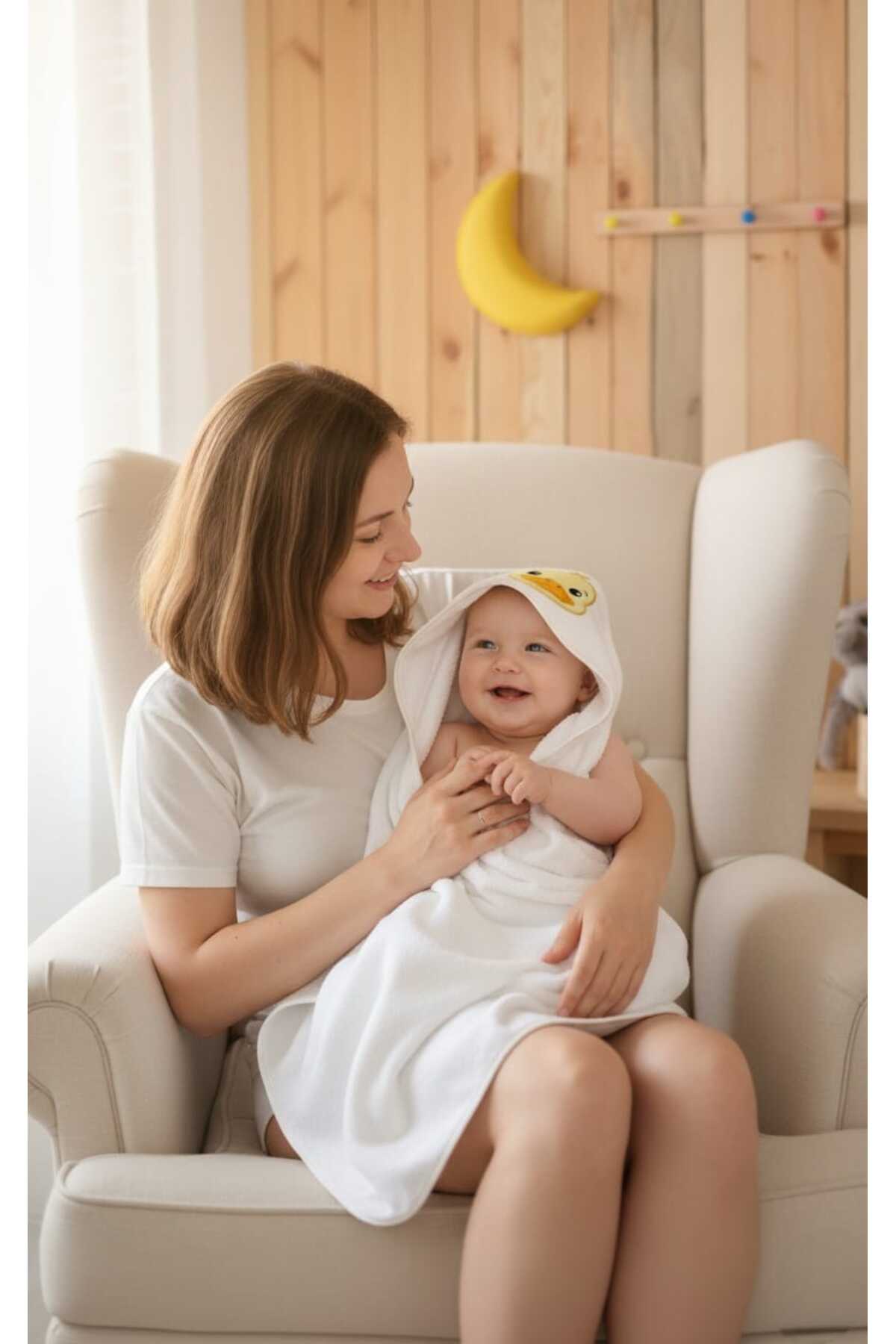 Alpar Tekstil %100 Pamuklu Yumuşacık Kız-erkek Yenidoğan/bebek Banyo Kundak Havlusu Beyaz/ördek fotoğrafı 3 (önizleme)