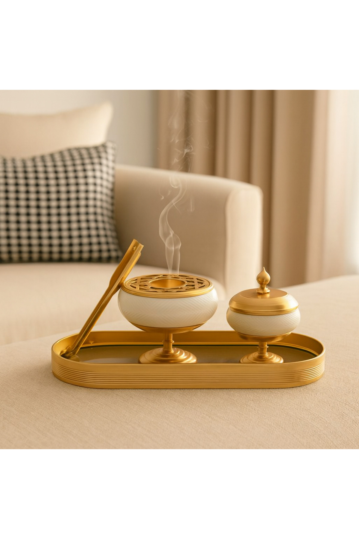 طقم مبخرة بورسلان ذهبي فاخر مع ملقط للبخور