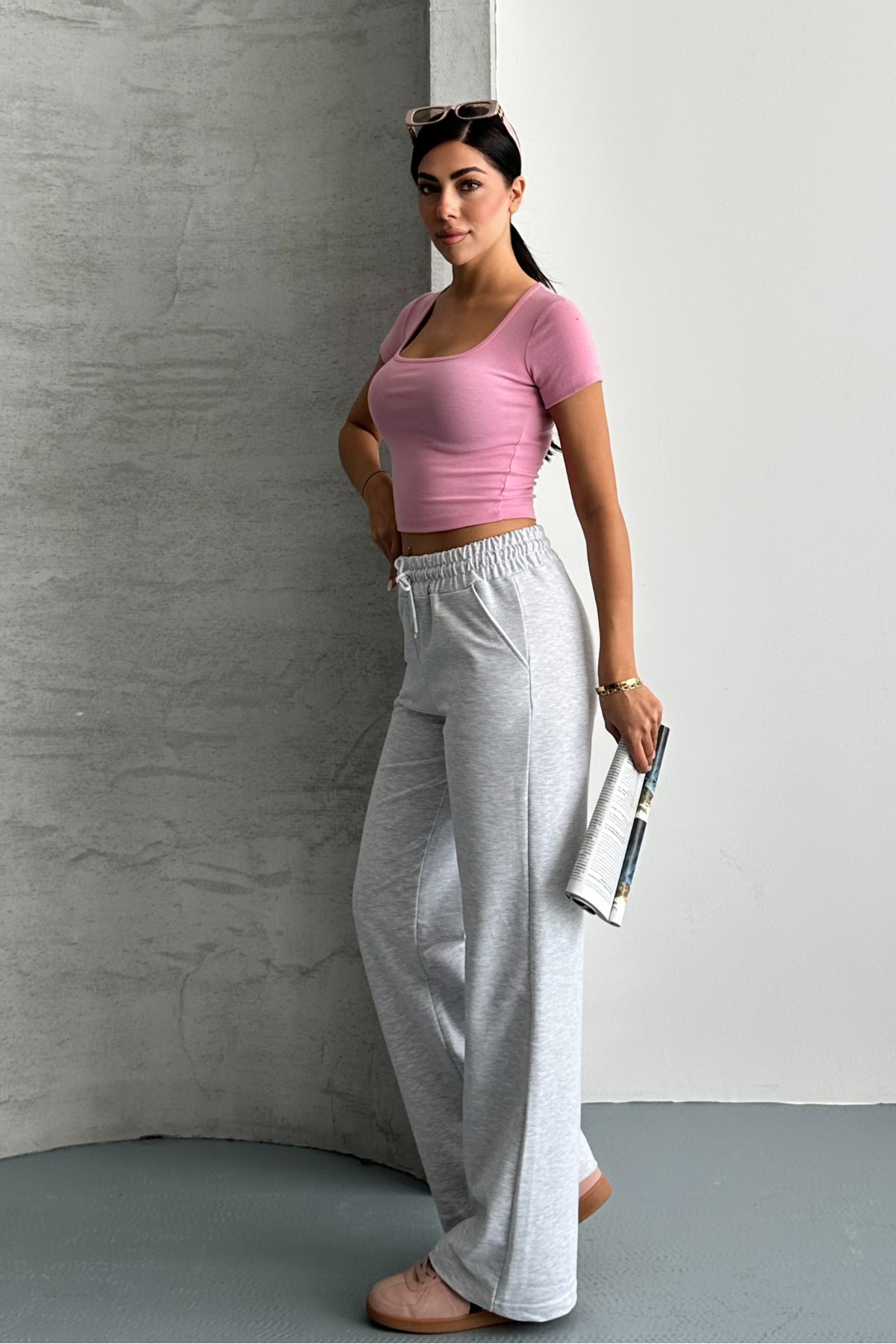 macharel jeans Kadın Gri Iki Iplik Beli Lastikli Salaş Bol Paça Eşofman Altı görsel 6