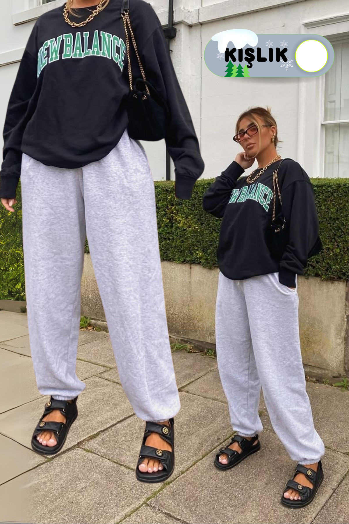 vladivosto Unisex 2 Iplik Kışlık Büyük Beden Bol Kalıp Gri Siyah Kadın Yüksek Bel Baggy Oversize Eşofman Altı görsel 4