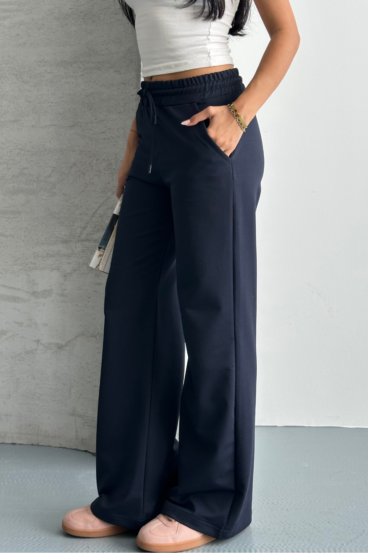 macharel jeans Kadın Lacivert Iki Iplik Beli Lastikli Salaş Bol Paça Eşofman Altı görsel 7