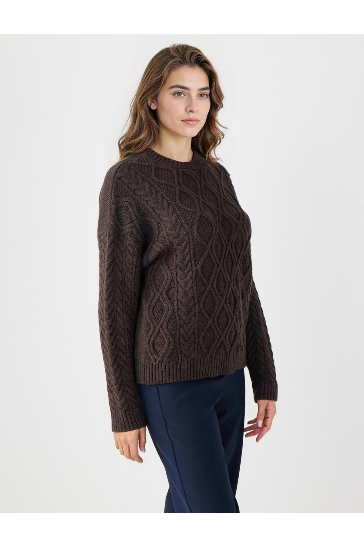 Jimmy Key  Acı Kahve Uzun Kollu Bisiklet Yaka Desenli Triko Kazak - Görsel 4