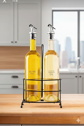 BÜYÜLÜ HOME Şık Sunum 2’li Cam Yağdanlık Seti – 750 ml | Metal Standlı