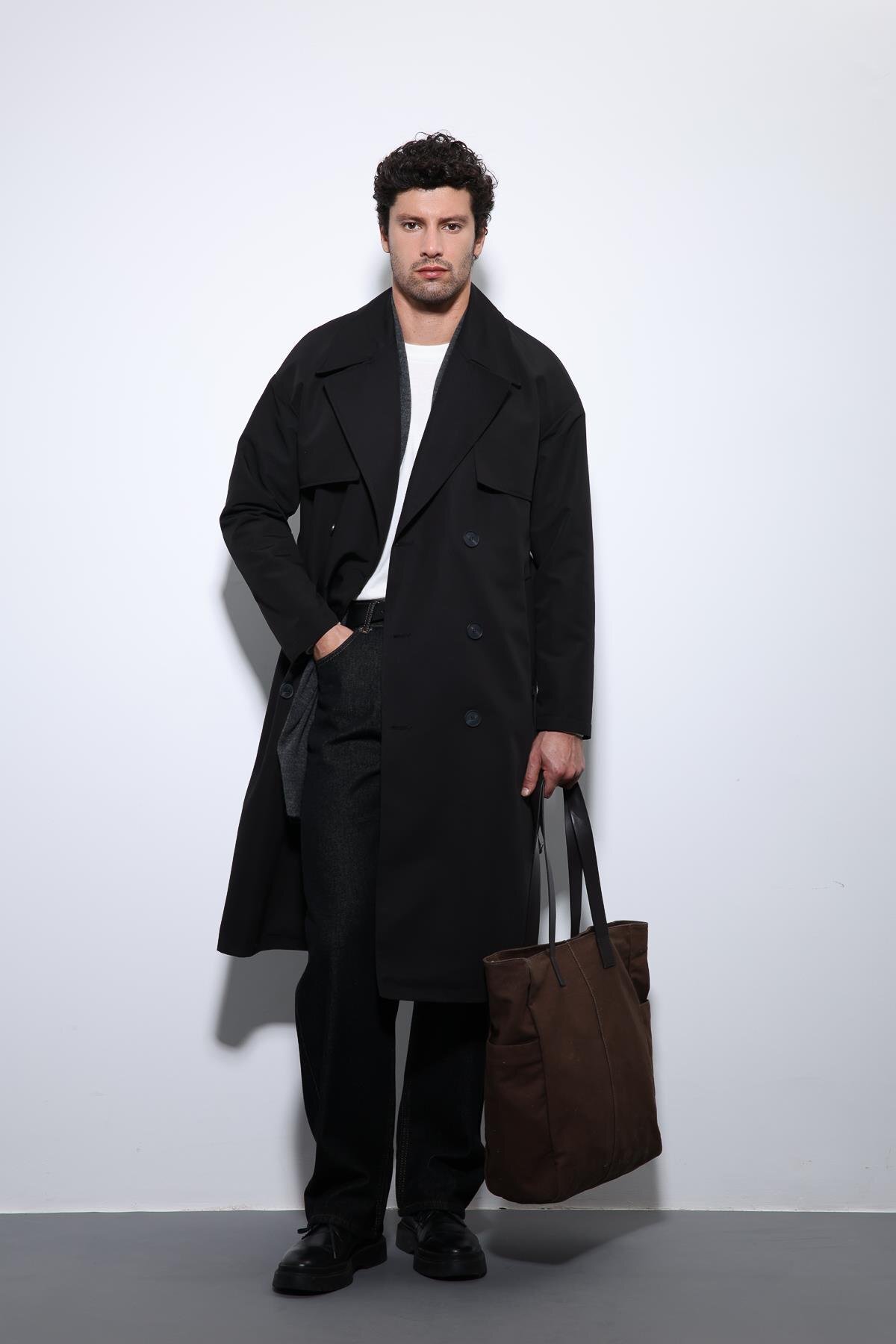 Antioch  Siyah Kruvaze Kapama Kemerli Trençkot - Görsel 3