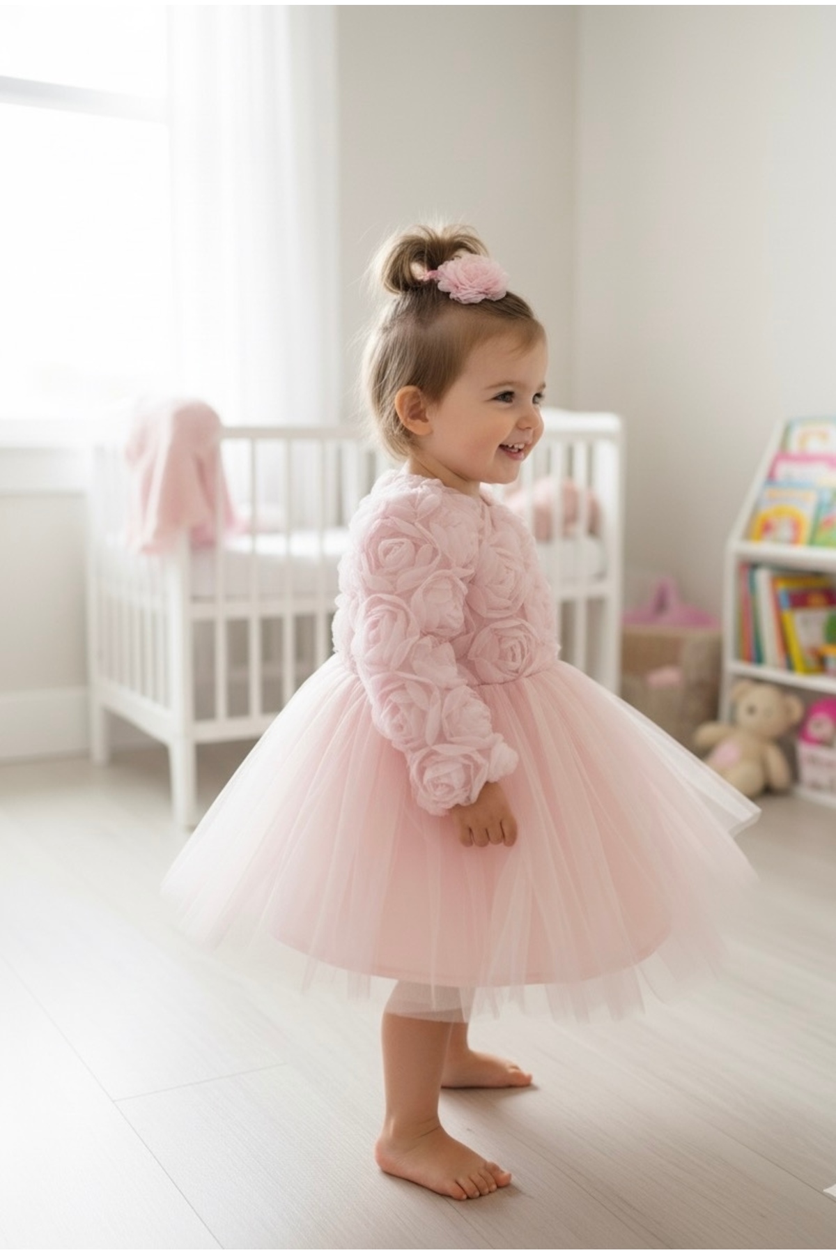 BİLGEN Style KIZ BEBEK ELBİSE GÜL DESENLİ KOYU PEMBE ÇIT ÇIT FİYONK LU ŞIK ÖZEL GÜN ABİYE 0-5 YAŞ %100 PAMUK fotoğrafı 3 (önizleme)