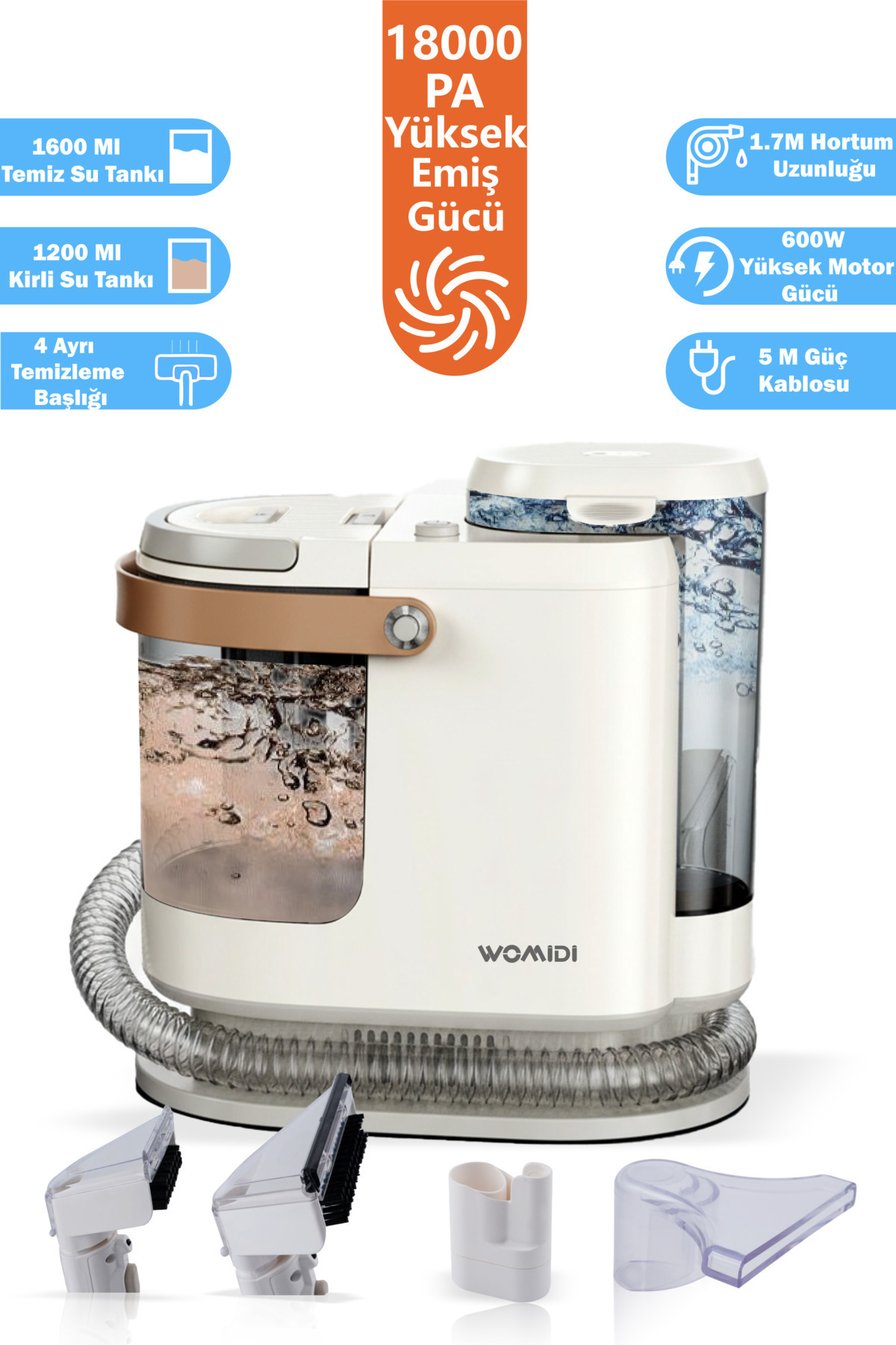 womidi Halı ve Koltuk Yıkama Makinesi 600W Güç 18.000 PA Emiş Gücü Leke Çıkartma Makinesi 4 Başlıklı