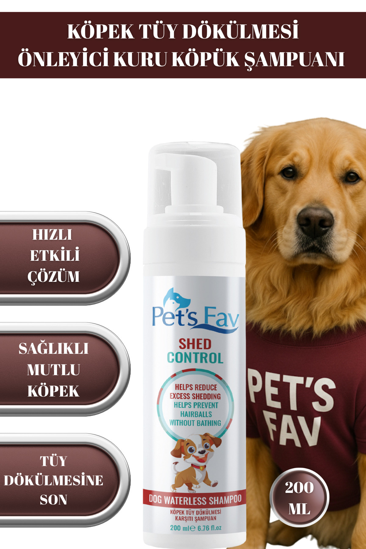 Pets Fav Köpek Tüy Dökülmesi Karşıtı Doğal ve Organik Kuru Köpük Şampuanı