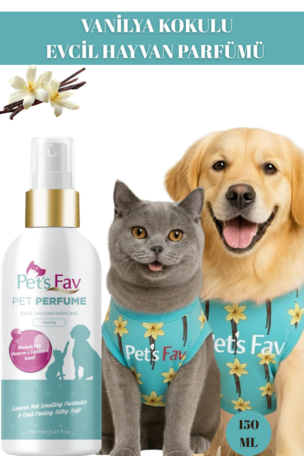 Pets Fav Vanilya Kokulu Evcil Hayvan Parfümü – Kedi & Köpek İçin Tüy Bakım Spreyi 150 ML