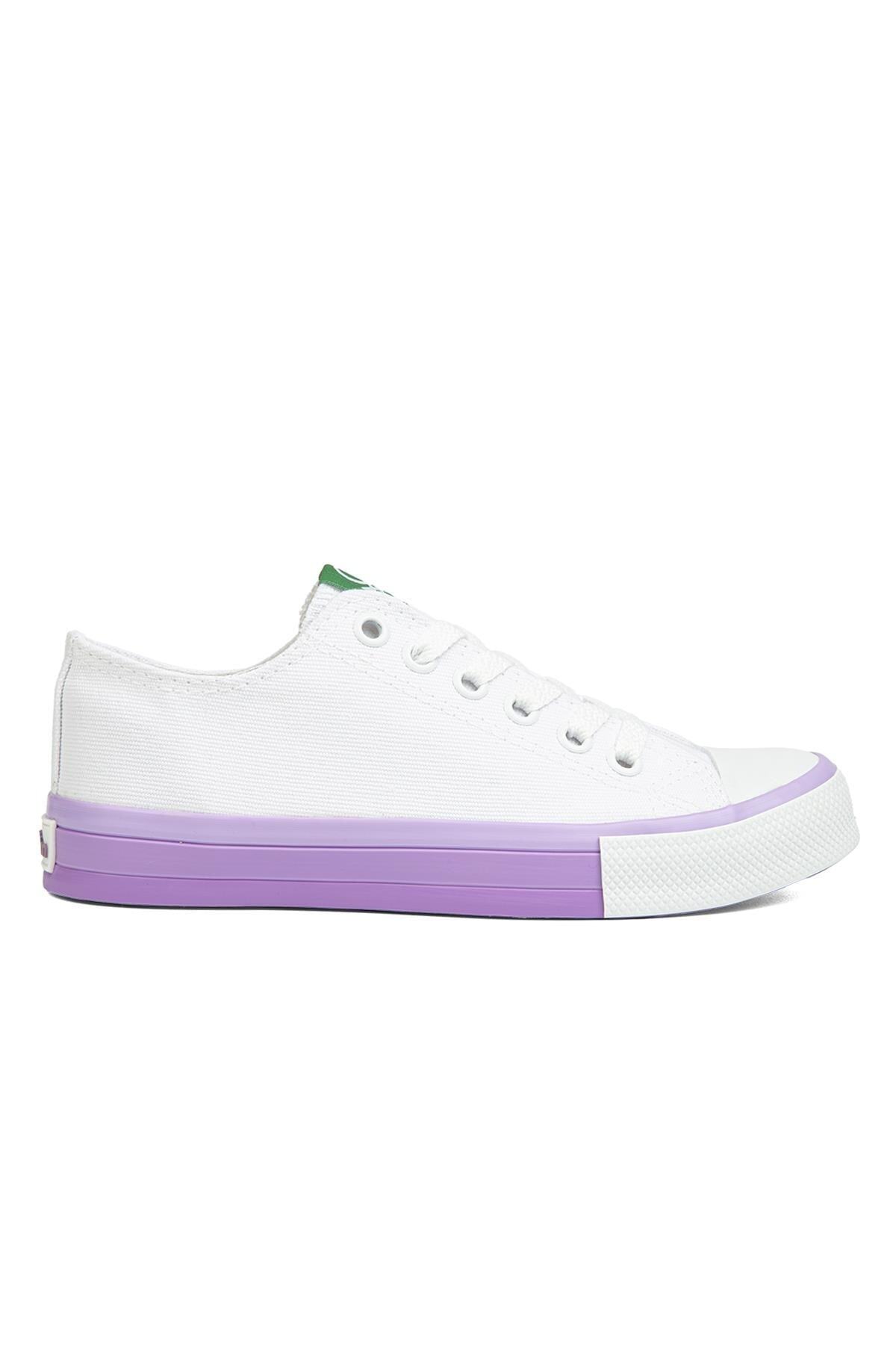 Benetton  ® | Bn-90176-2 - 3374 Beyaz Lila - Keten Kadın Sneaker Spor Ayakkabı - Görsel 4