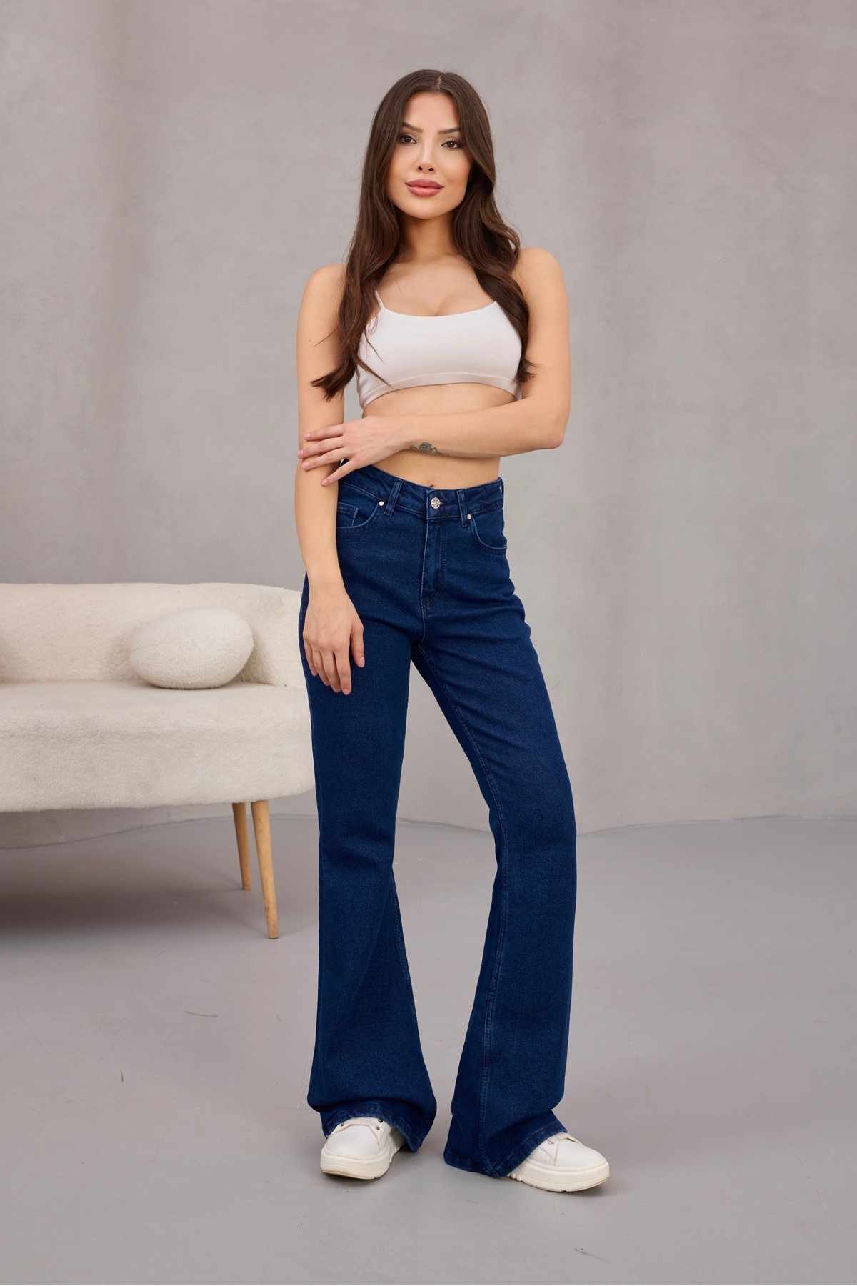 alanora  Kadın Yüksek Bel Likralı Ispanyol Paça Jeans - Görsel 7