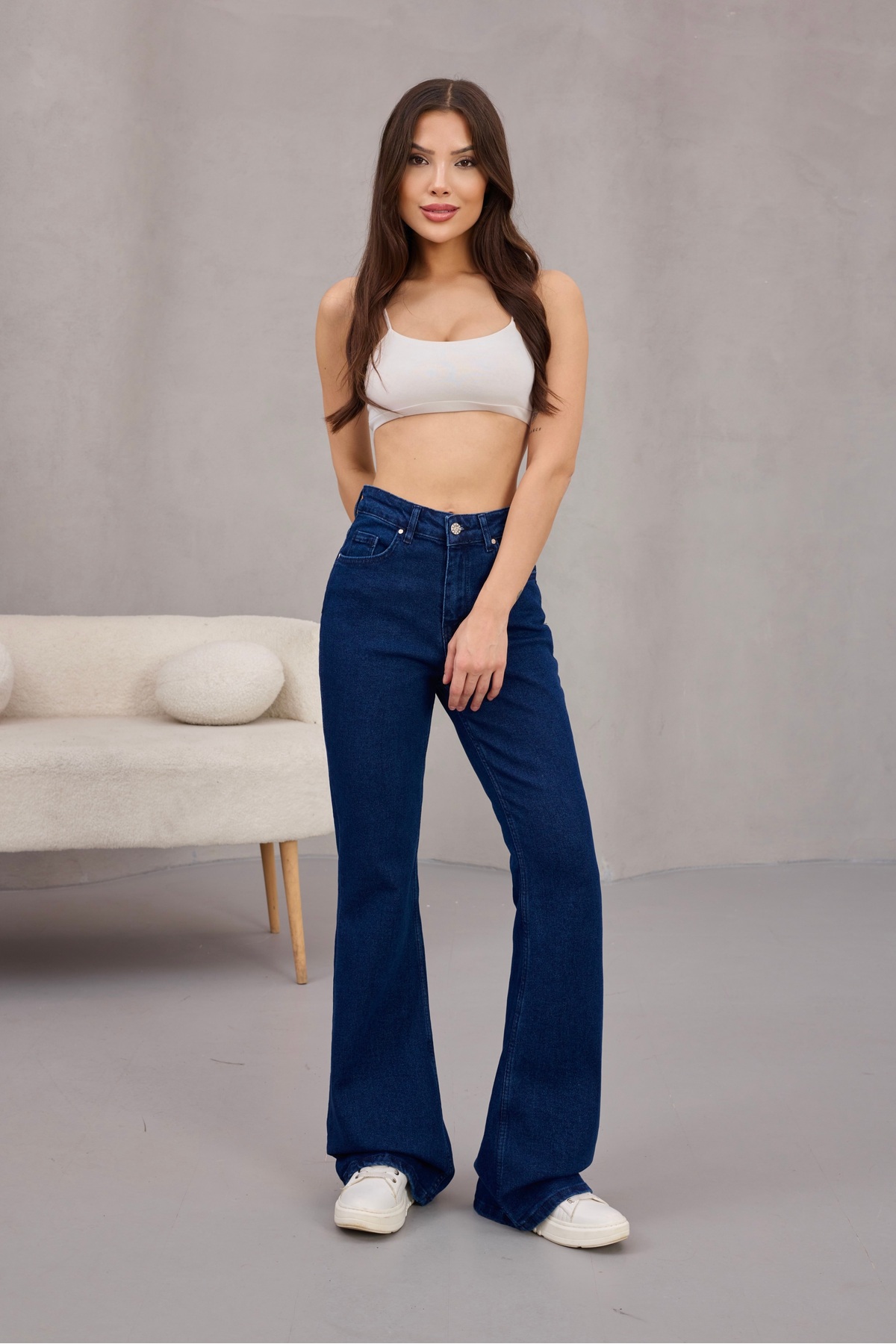 alanora  Kadın Yüksek Bel Likralı Ispanyol Paça Jeans - Görsel 5