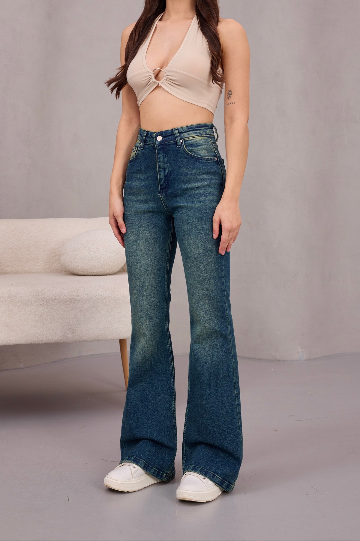 alanora  Kadın Yüksek Bel Likralı Ispanyol Paça Jeans - Görsel 5