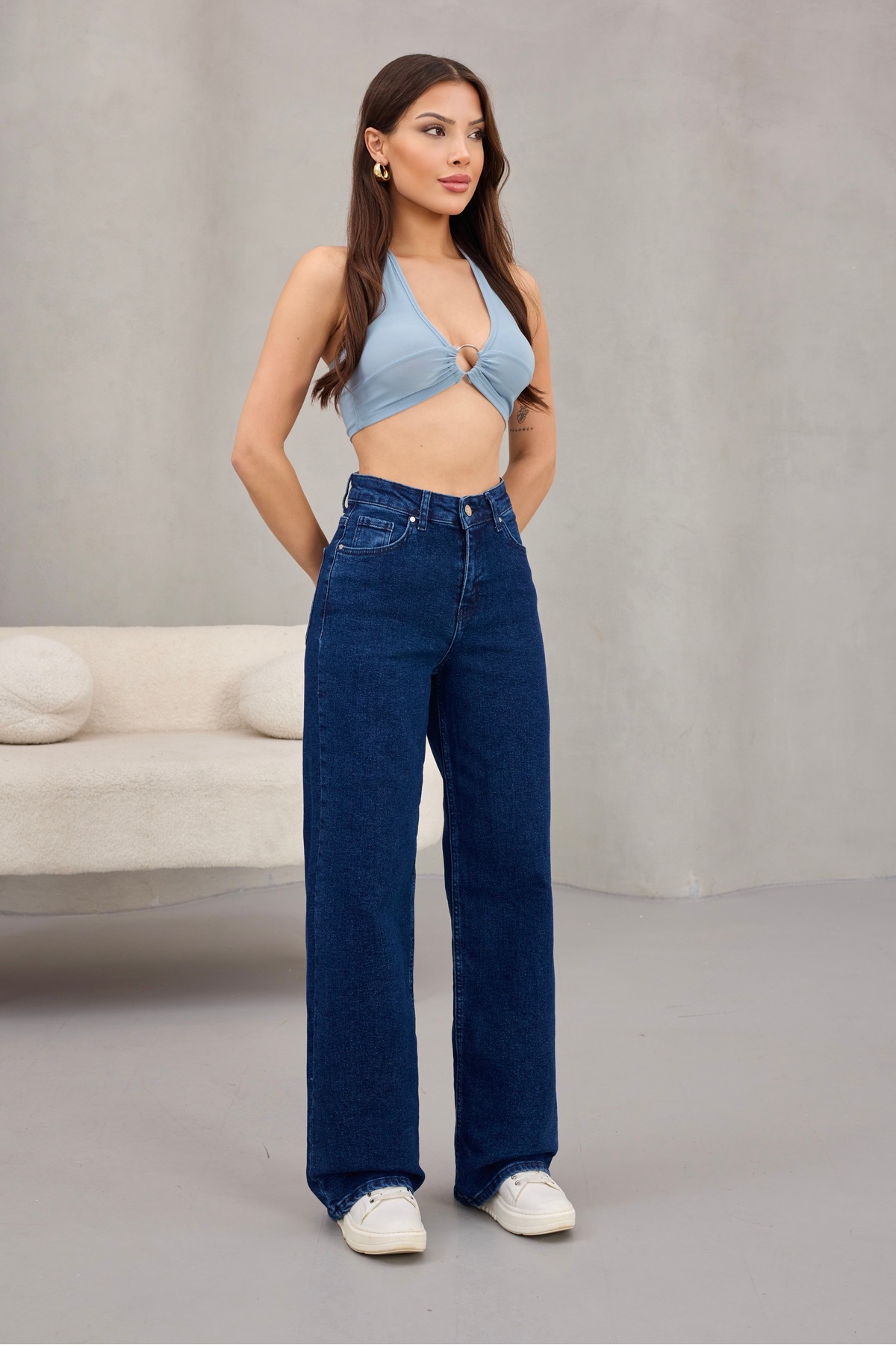 alanora  Kadın Yüksek Bel Kar Yıkama Likralı Geniş Paça Palazzo Jeans - Görsel 7