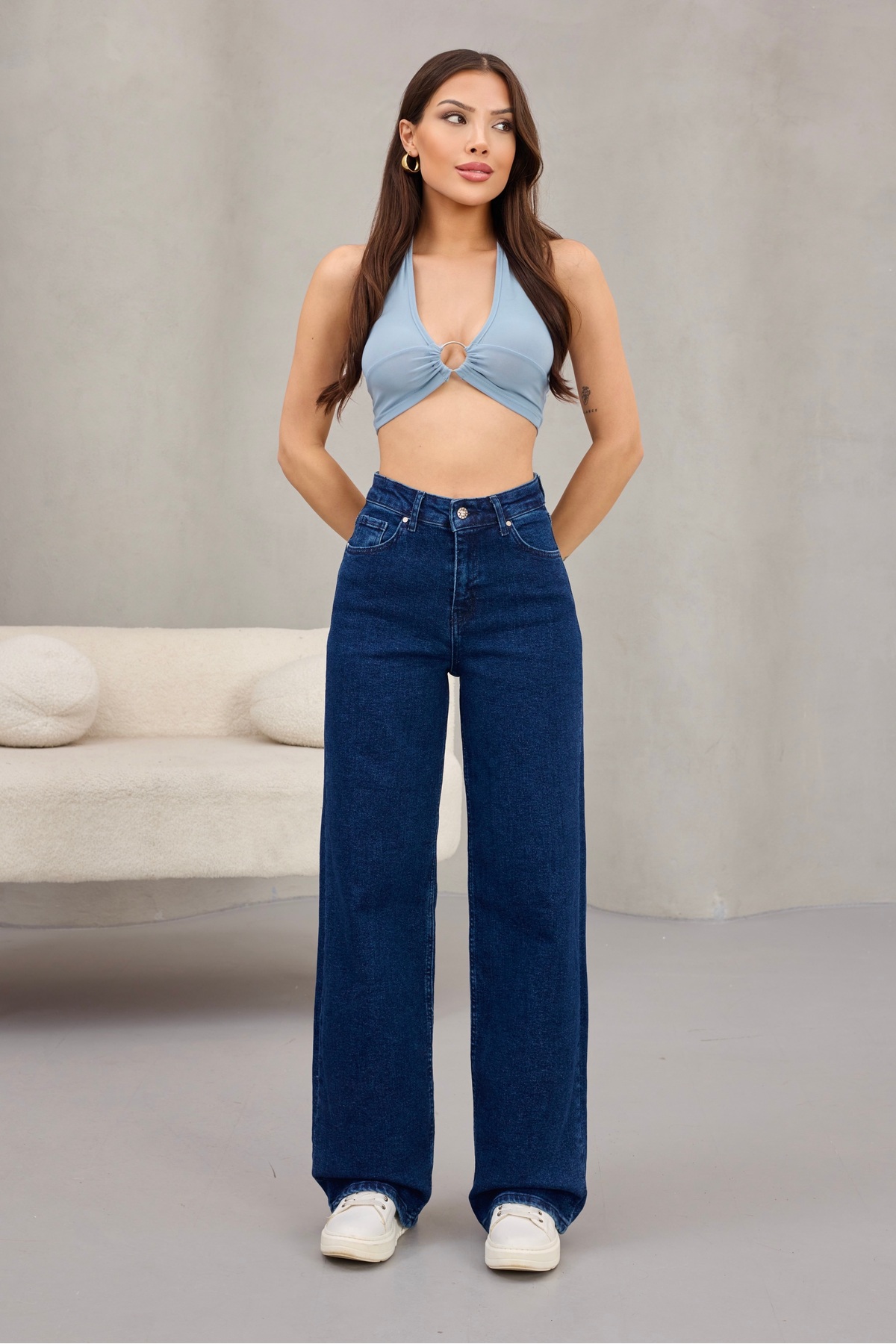 alanora  Kadın Yüksek Bel Kar Yıkama Likralı Geniş Paça Palazzo Jeans - Görsel 5