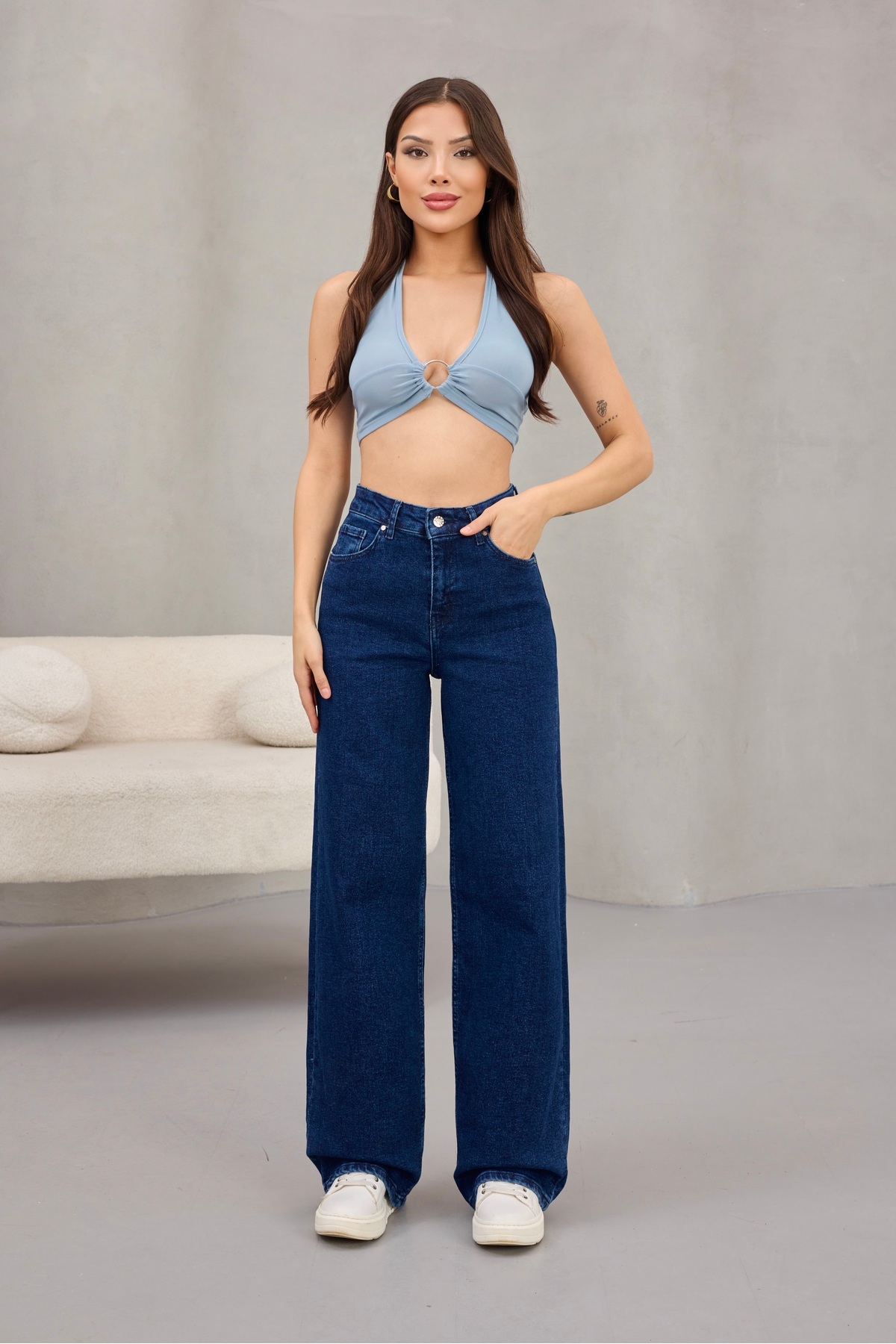 alanora  Kadın Yüksek Bel Kar Yıkama Likralı Geniş Paça Palazzo Jeans - Görsel 8