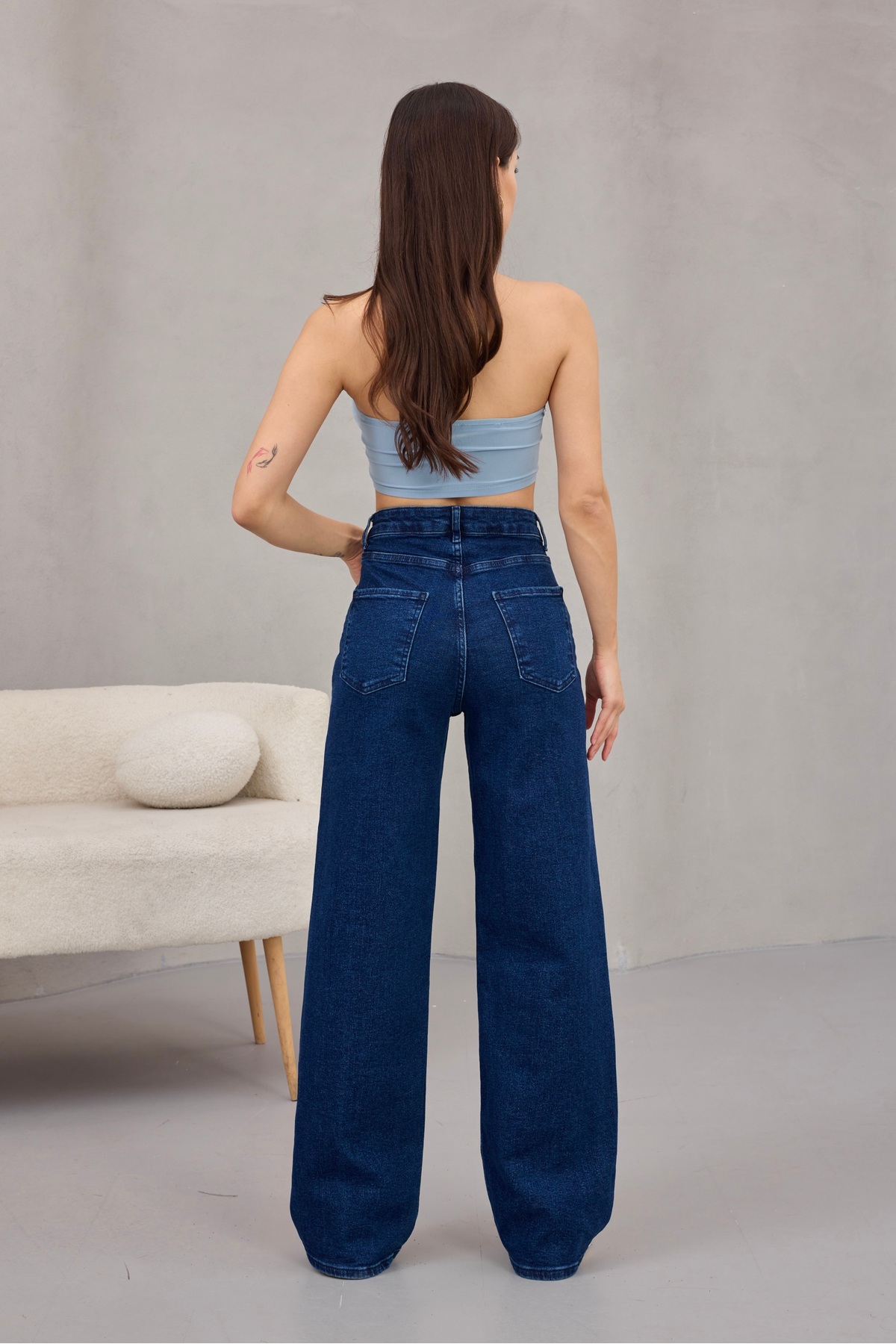 alanora  Kadın Yüksek Bel Kar Yıkama Likralı Geniş Paça Palazzo Jeans - Görsel 4