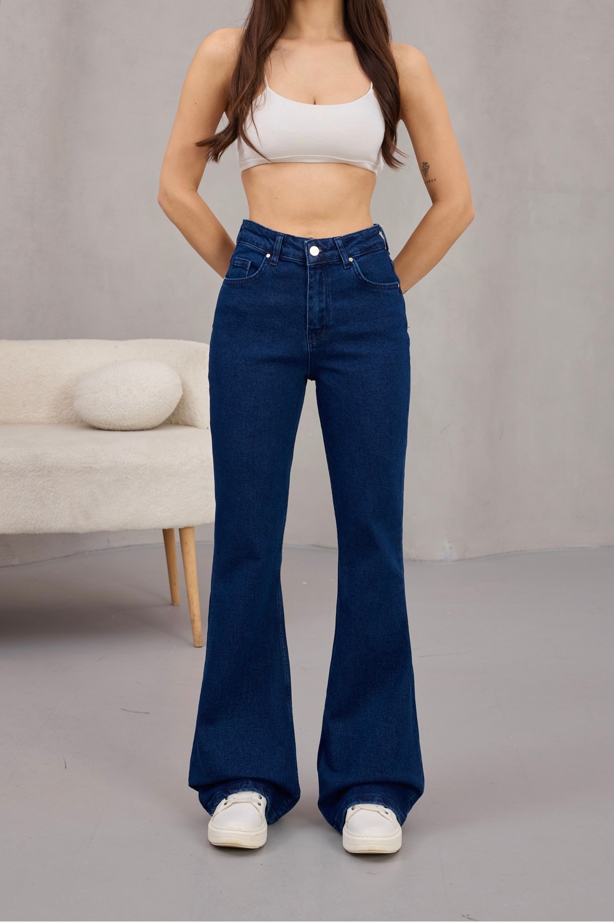 alanora  Kadın Yüksek Bel Likralı Ispanyol Paça Jeans - Görsel 3