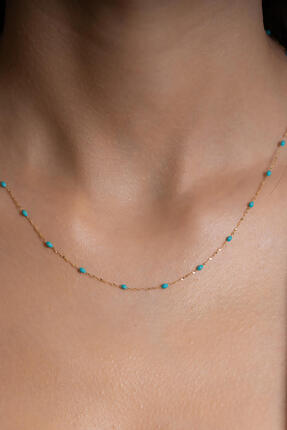 AMES GOLD KUYUMCULUK 14 Ayar Altın Turkuaz Mineli Minimal Aynalı Kolye