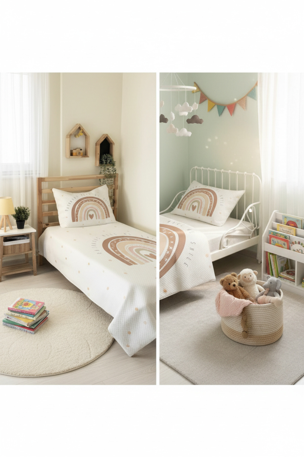 Evmila Gökkuşağı Desenli Bebek Ve Çocuk Baskılı Tek Kişilik Pike Takımı 160x230 Beyaz fotoğrafı 2 (önizleme)